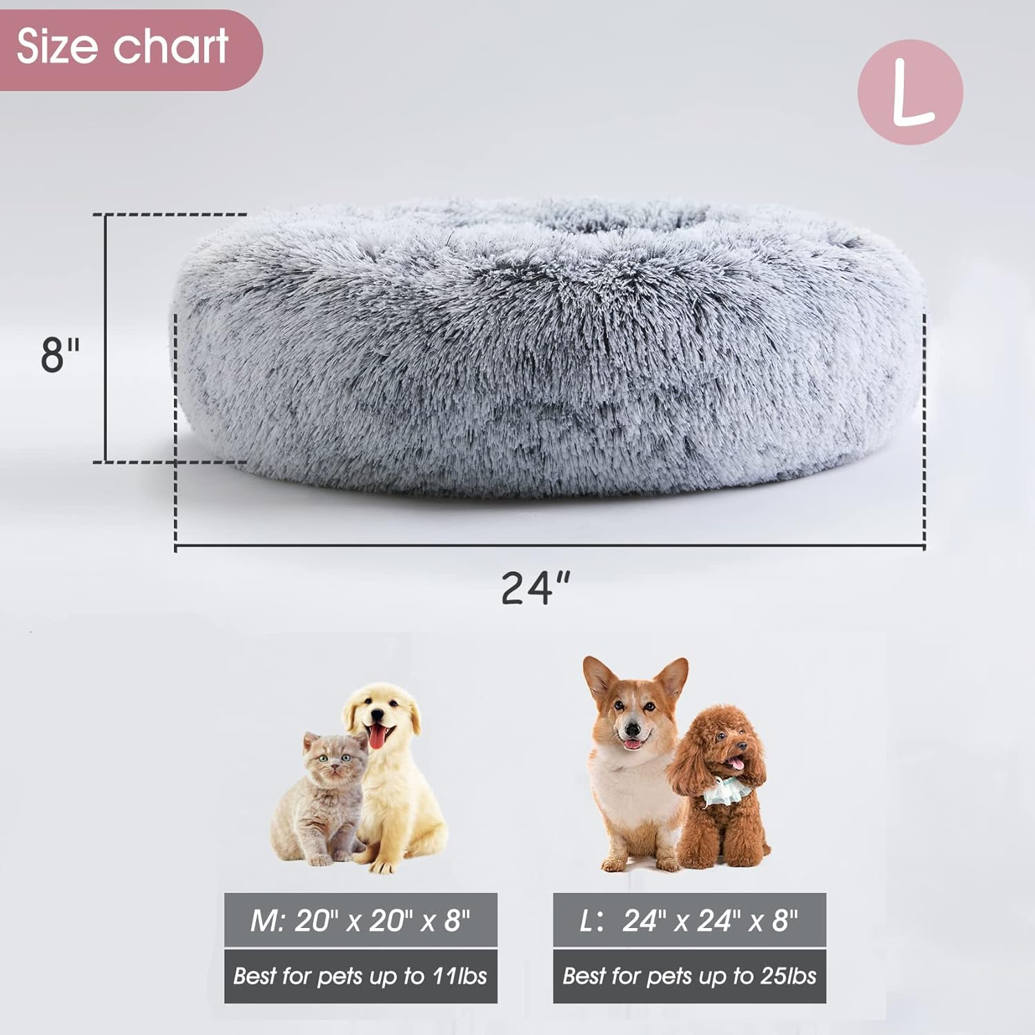 Cat Beds for Indoor Cats, Calming Cat Dog Beds for Small Medium Cats Dogs anti Anxiety Kittens Puppy Donut Bed Machine Washable Cat Bed Warming Soft Fuzzy Comfy round Pet Bed (Light Grey, 24 Inches) image number 3