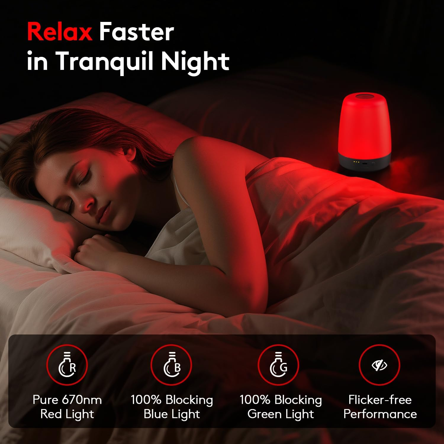 XKETA Red Light Sleeping Therapy: Pure 670Nm Narrowband Wavelength Night Lamp - Naturally Promote Melatonin for Adults Sleeping Better - 2000Mah Cordless Compact Size for Travel Jet Lag Relief image number 2