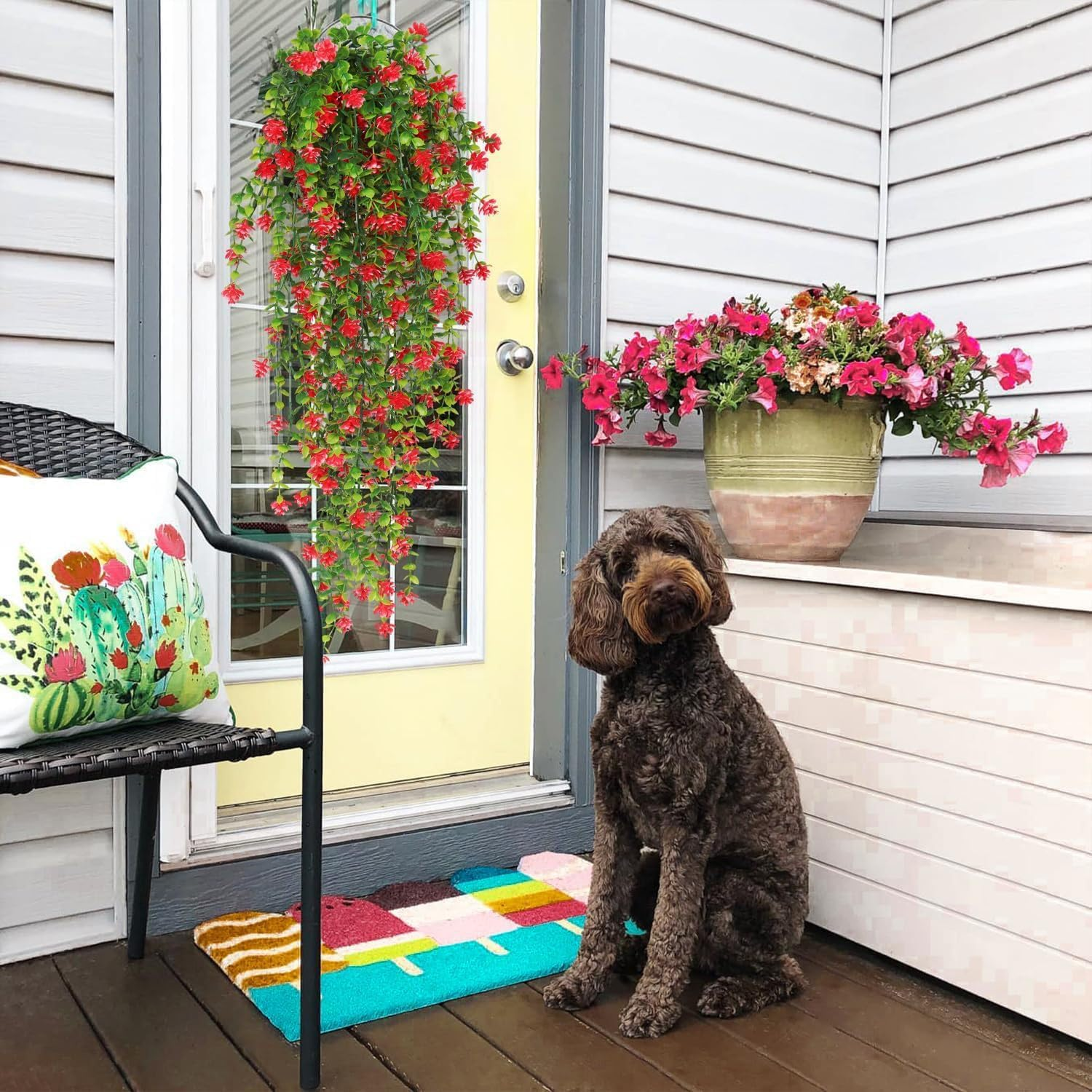 AU7042-3 2 Artificial Hanging Flowers Eucalyptus UV Protection Fake Plants Vine Hanging Flowers Plastic Green Home Garden Wedding Party Indoor and Outdoor Decoration Red (Excluding Plates)