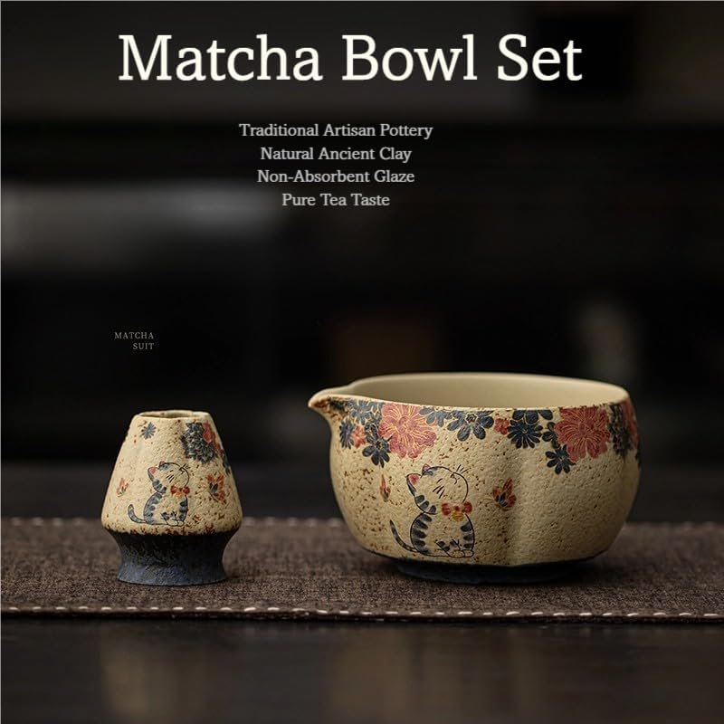 ECOMUSE Matcha Bowl Set, 18.6 OZ, Matcha Bowl Featuring Oriental Aesthetics with Handmade Ceramic Bowl, Ceramic Whisk Holder,Whisk,Scoop​, 4Pc Matcha Set for Lovers & Gift Giving image number 1