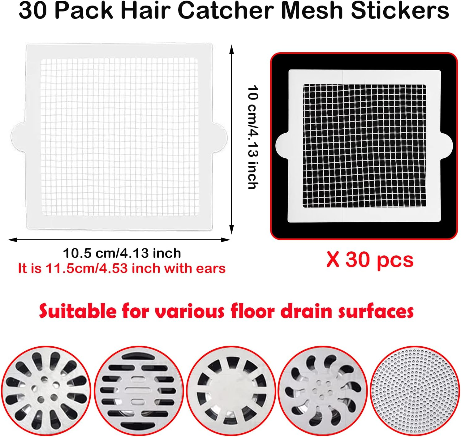 Paifeancodill Disposable Shower Drain Hair Catcher, 30 Pack Mesh Stickers, Drain Filter for Bathtub with Waterproof Adhesion (Square) image number 2