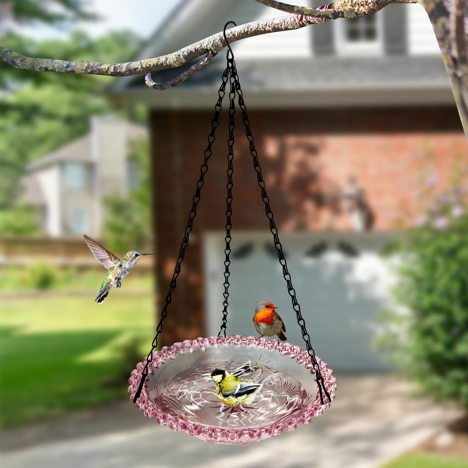 Flower Shaped Hanging Bird Bath Bowl with Metal Chain, Hanging Bird Feeder and Birdbath,Round Bird Flower Shaped Bird Feeder and Bath Bowl with Chain