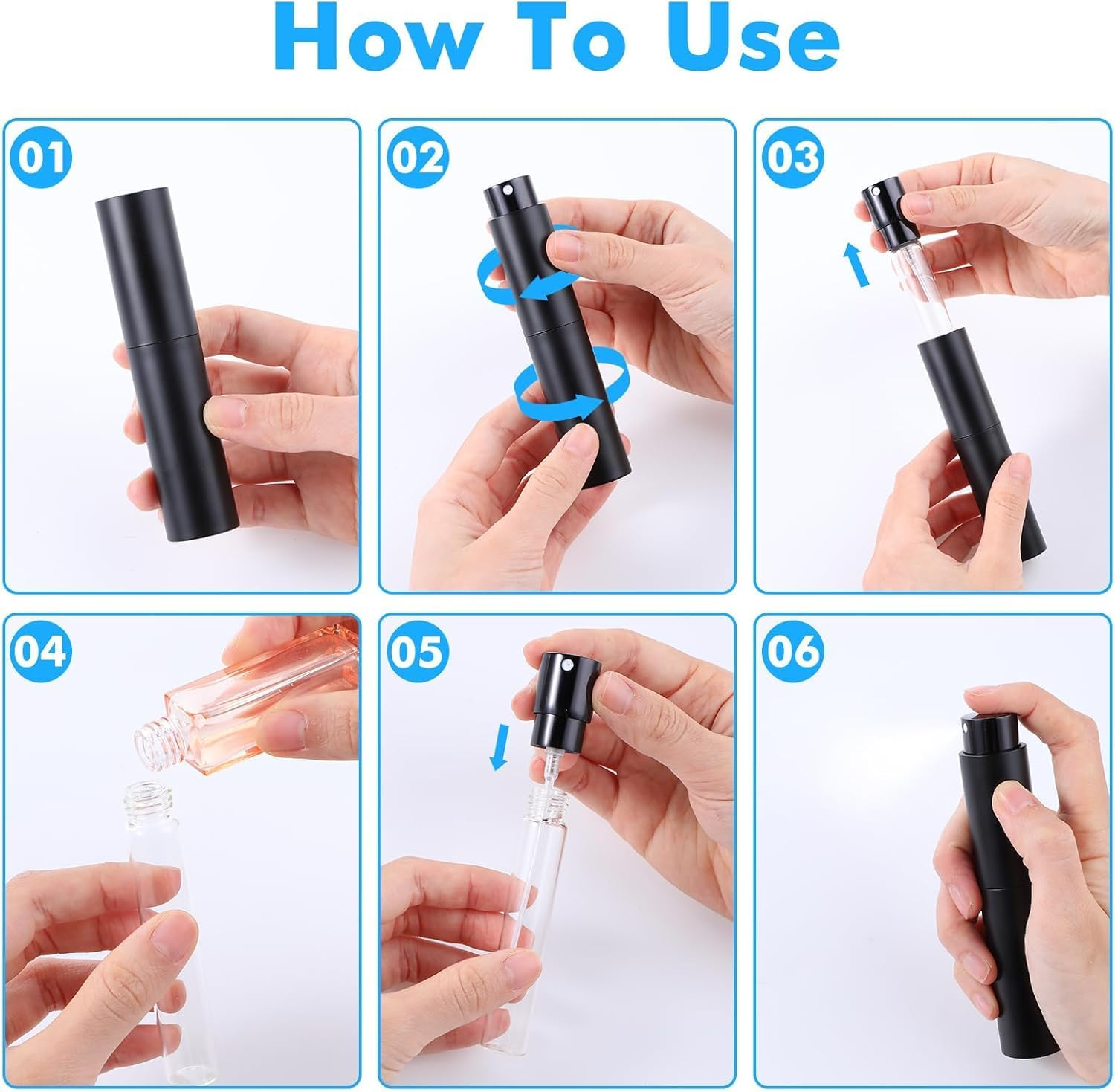 6Pcs Perfume Atomiser + 12 Pcs Accessories, 10Ml/Ea Travel Perfume Atomizer Refillable Spray Bottle, Pocket Perfume Dispenser, Empty Mini Size Spray Bottle, Leakproof Portable Perfume Sprayer (Black) image number 2