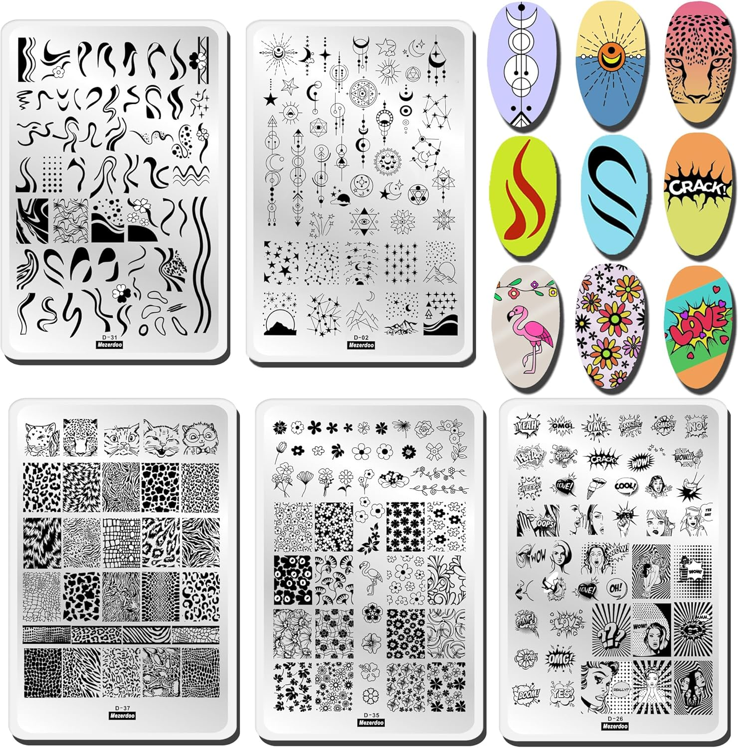 French Nails Stamp Nail Stencils Set, 5 Star Moon Flowers Nail Stamp Stencils Geometry Lines Nail Stamping Plate Nail Stencil Stamp Snake Stamp Stencils for Nails Stamping Set