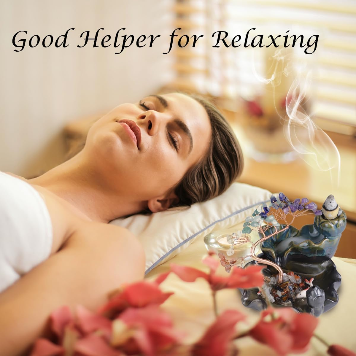 Waterfall Incense Burner, FHDUSRYO Backflow Incense Holder with Crystals Tree, 7 Chakra Crystal Censer Incense Stick Stand with 60 Incense Cones, 60 Incense Sticks, Aromatherapy Ornament Home Decor image number 5