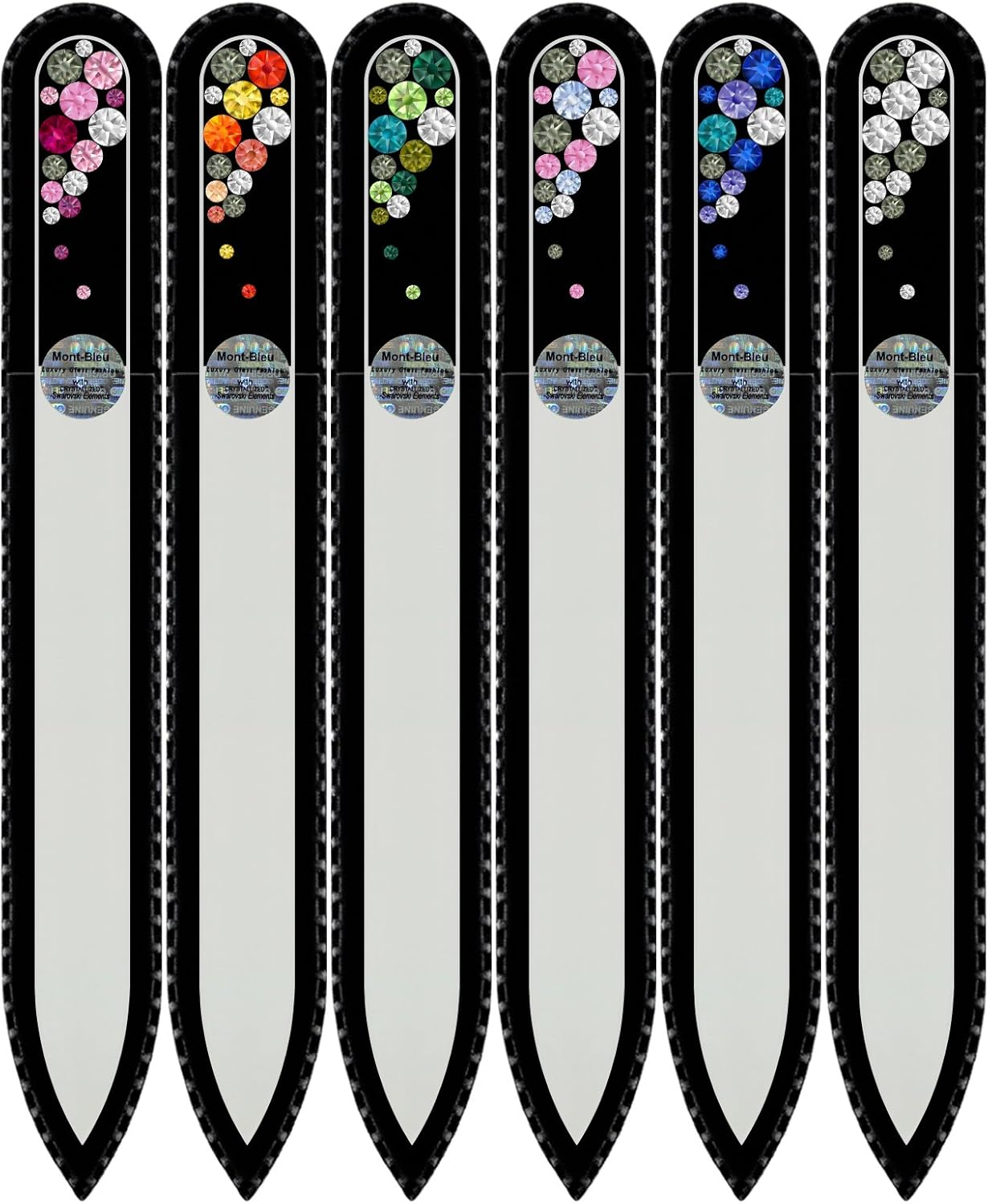Mont Bleu Gift Set of 5 + 1 Free Czech Glass Nail Files Hand Decorated with Crystals from Swarovski - Handmade - Czech Tempered Glass - Lifetime Guaranty - Best Crystal Nail Files for Natural Nails