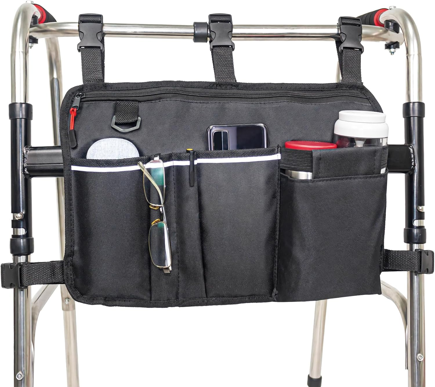 Walker Bag Walker Basket for Folding Walker with Cup Holder, Rollator Organizer Storage Pouch Universal Folding Walker Accessories Walker Bags for Seniors Bag for Walker (Large Black) image number 5