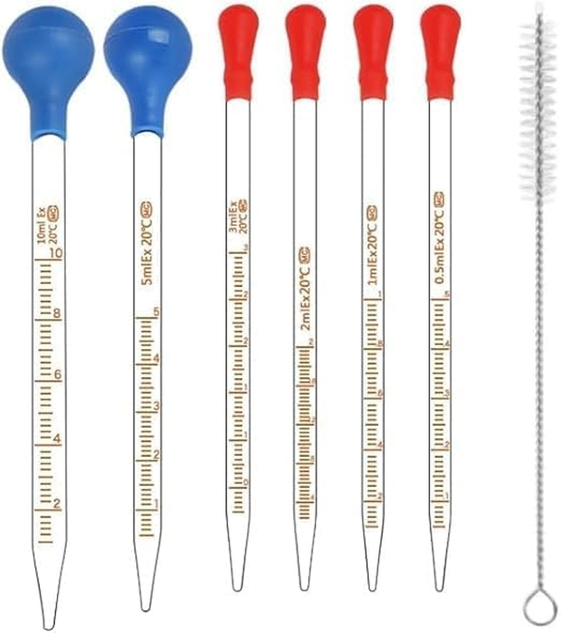 6 Pieces Glass Pipettes Graduated Dropper,0.5Ml /1Ml/ 2Ml/ 3Ml /5Ml /10Ml Glass Pipettes Graduated Dropper,Long Glass Pipette Dropper with 6 Rubber Caps and 1 Pcs Droppers Brush image number 5