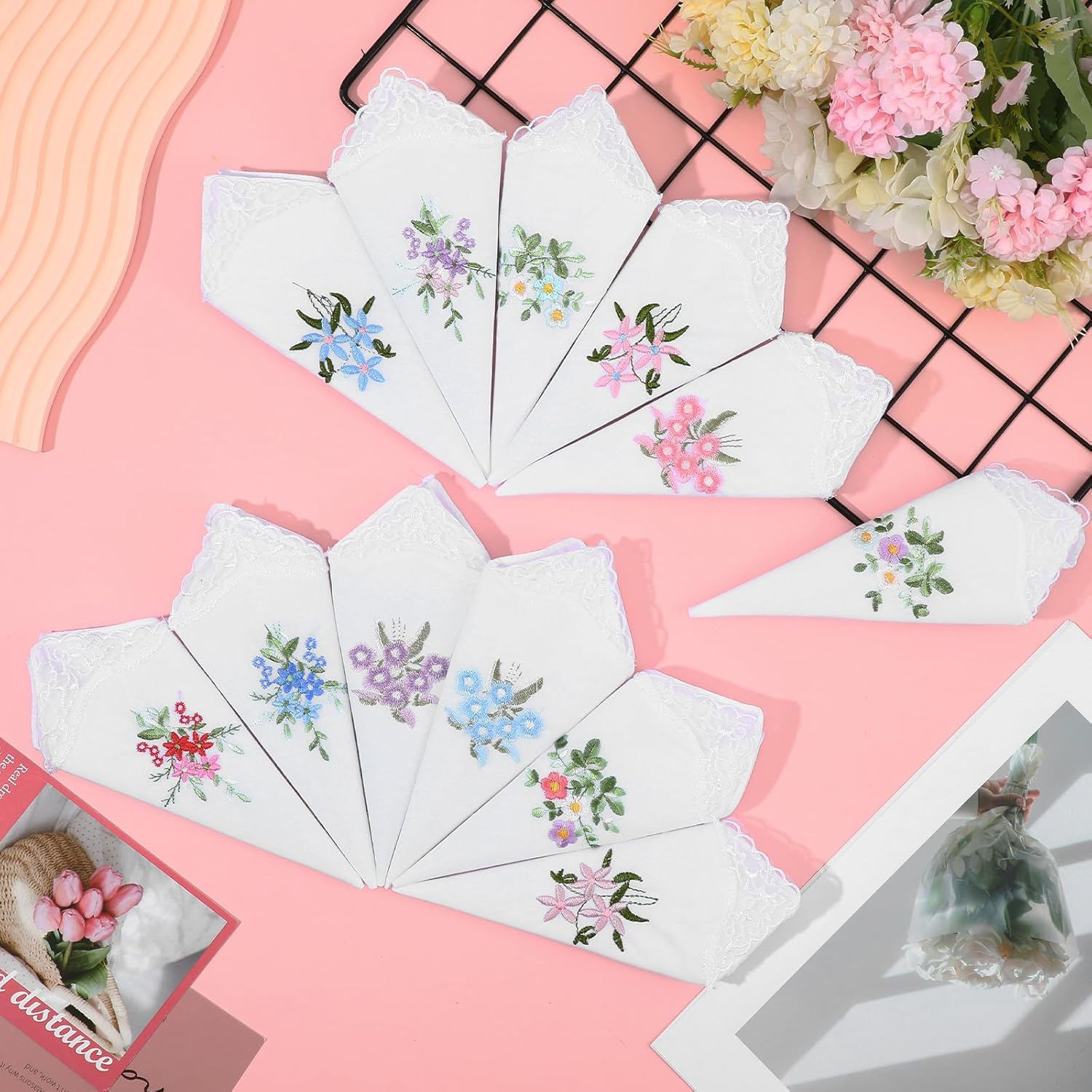 LXUEJIE 12Pcs Cotton Handkerchiefs for Women, Flower Embroidered with Lace Handkerchief White Ladies Hankies image number 5