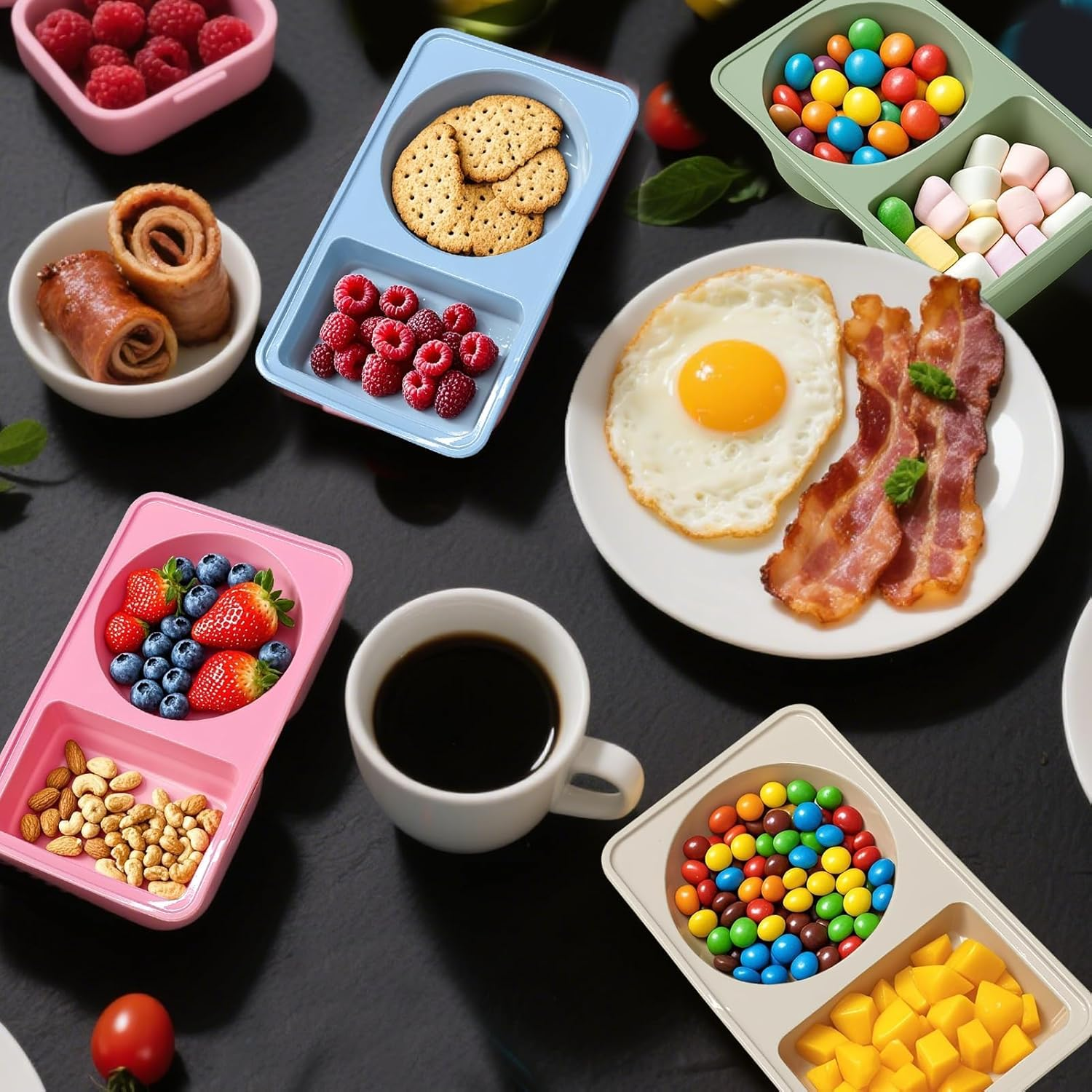 4 Pack Silicone Reusable Snack Containers with Lids, Double Compartment Snackle Box Containers, Salad Dressing Sauce Seasoning Container, Small Mini Food Snack Boxs for Travel, Office, Picnic image number 5