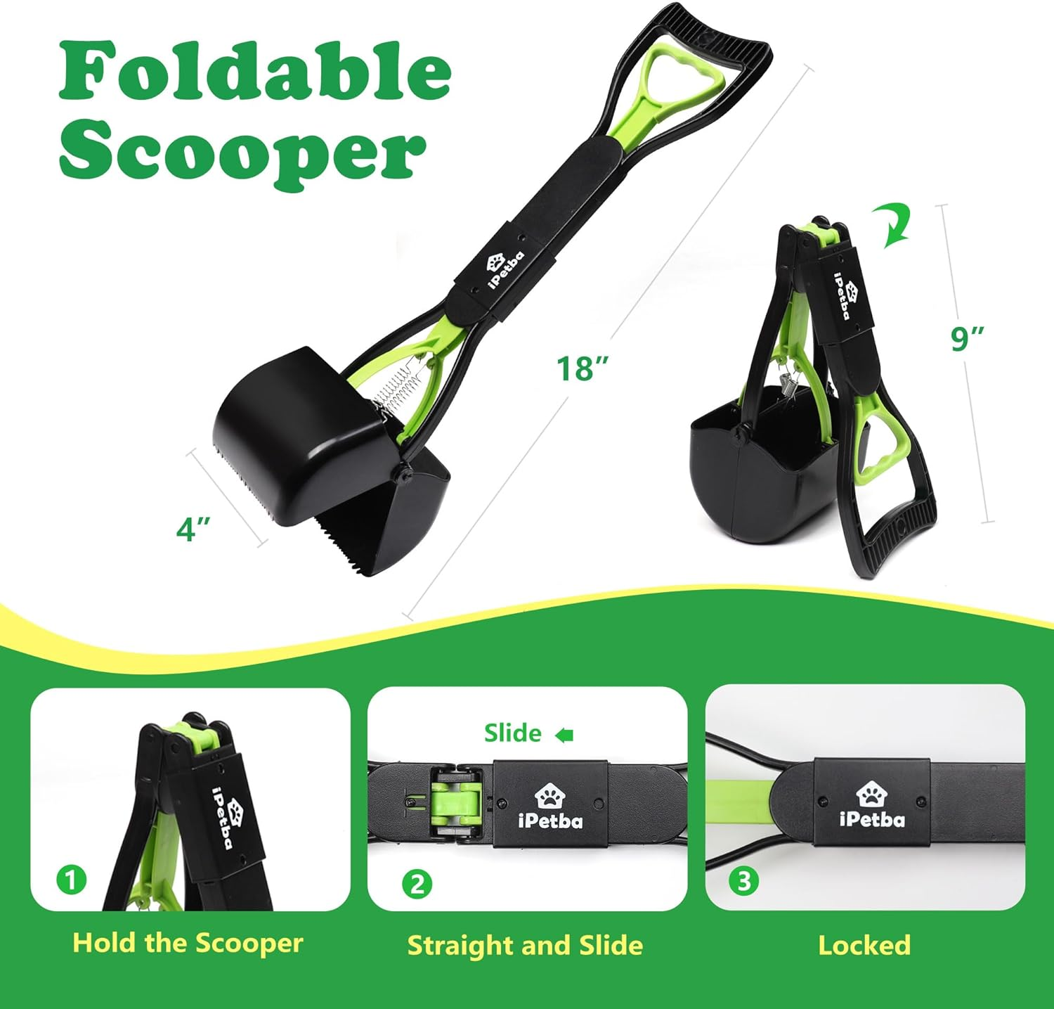 Ipetba Mini Foldable Pooper Scooper 45Cm <4 in 1> Long Handle Portable Pet Poop Picker with Poop Bag and Dispenser Durable Spring Lightweight Waste Pick up Great for Lawns Grass Dirt image number 4