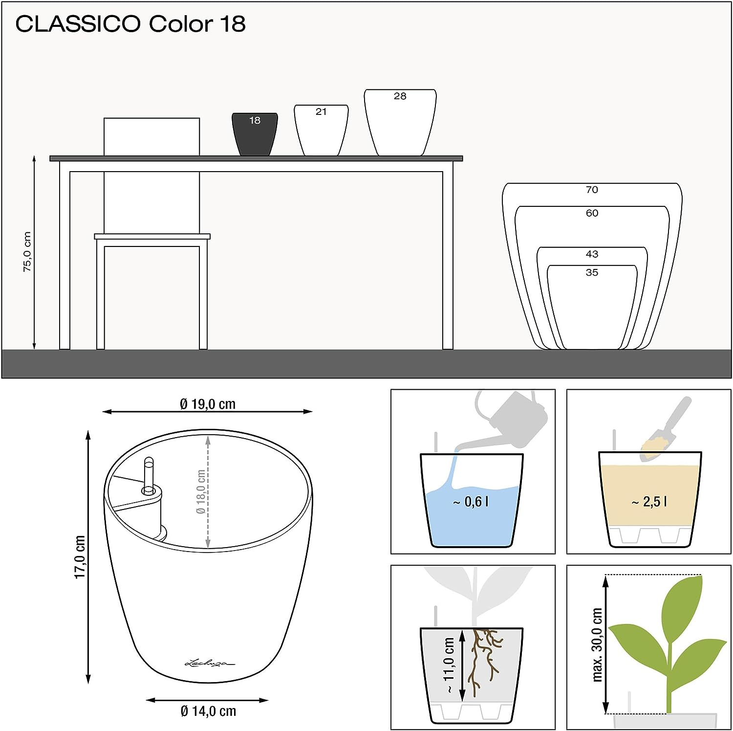 LECHUZA Self Watering Plant Pot Classico Color 18 Garden Small Flower Indoor Outdoor Table Plastic Planter with Drainage Hole D19 H17 Cm Nutmeg - Slate image number 3