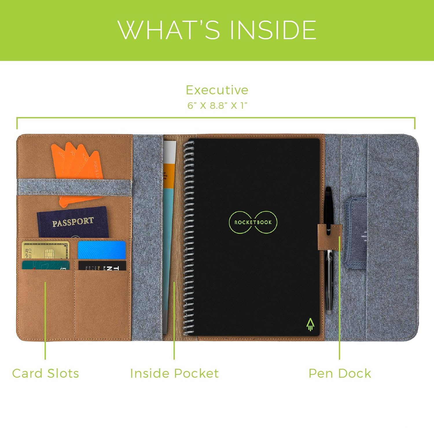 Rocketbook Smart Notebook Folio Cover - 100% Recyclable, Biodegradable Cover with Pen Holder, Magnetic Clasp & Inner Storage - Mars Sand Tan, Executive Size (6" X 8.8")