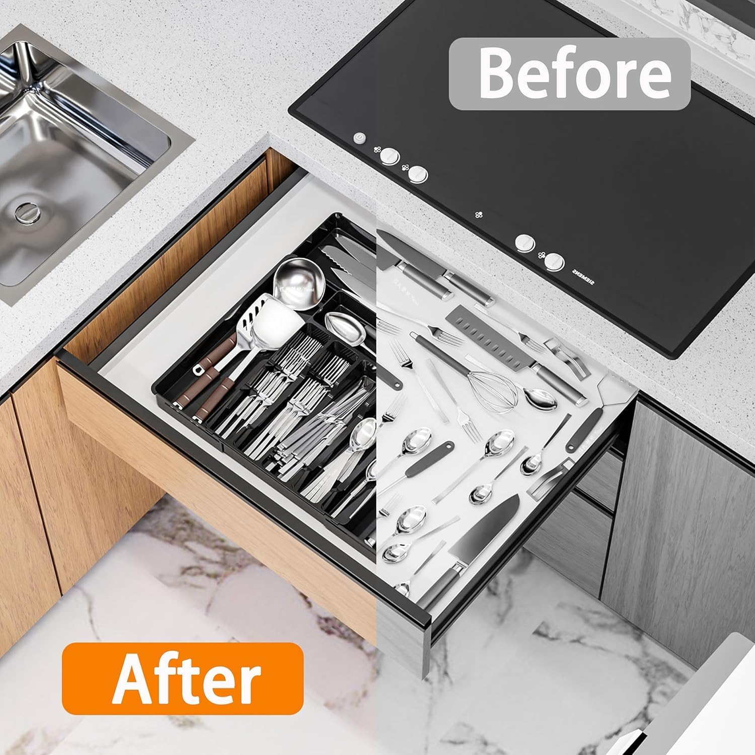 Cutlery Drawer Organiser with 8 Compartments Expandable Kitchen Drawer Organizer, Adjustable Utensil Holder, Cutlery Tray Drawer Dividers for Kitchen Flatwarefor Silverware, Flatware, Knives image number 6