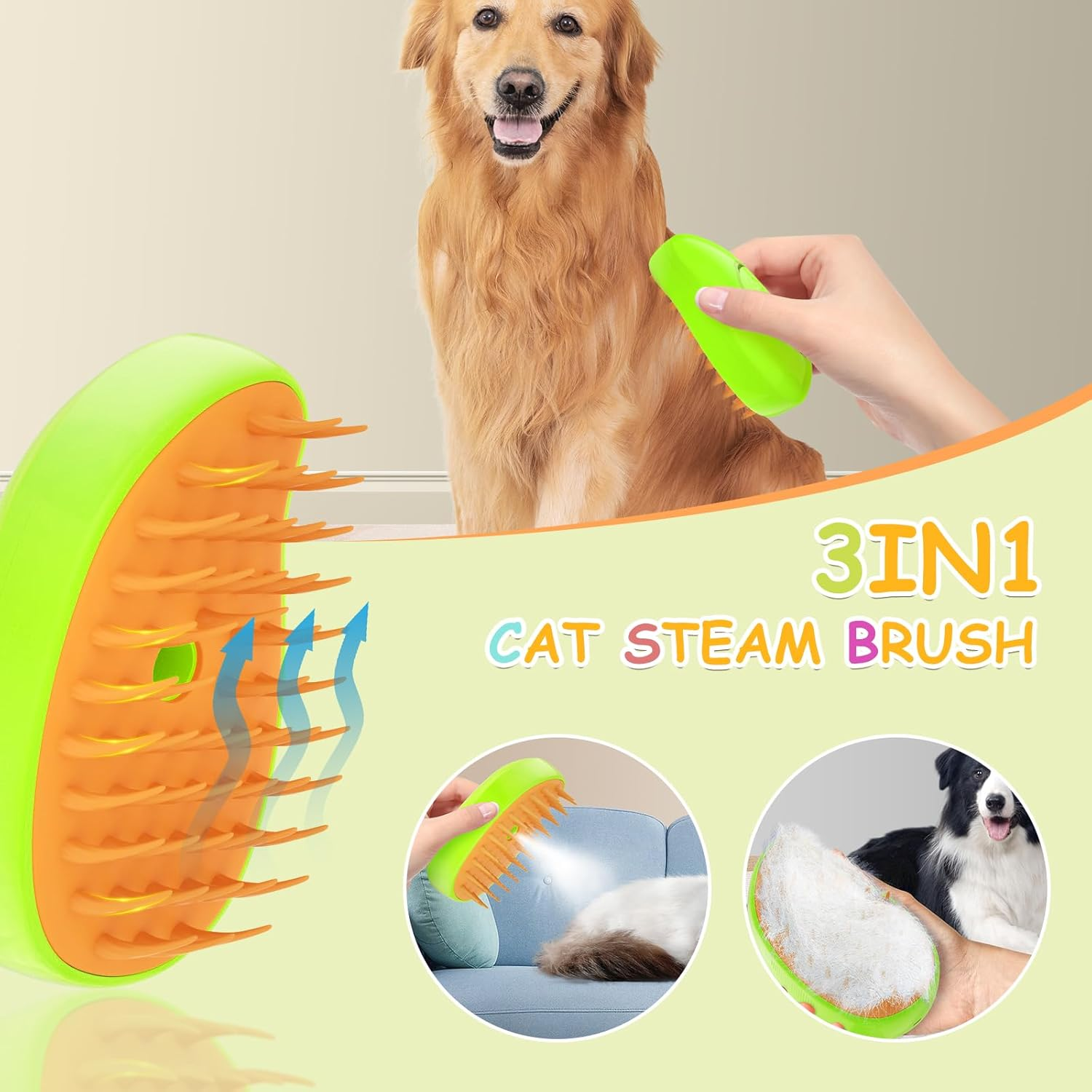 Cat Steam Brush, 3 In1 Steam Cat Brush, Steam Brush for Cats, Steamy Cat Brush, Rechargeable Silicone Steam Pet Brush, Multifunctional Pet Hair Comb for Removing Tangled and Loosse Hair (Green) - Yellow image number 6