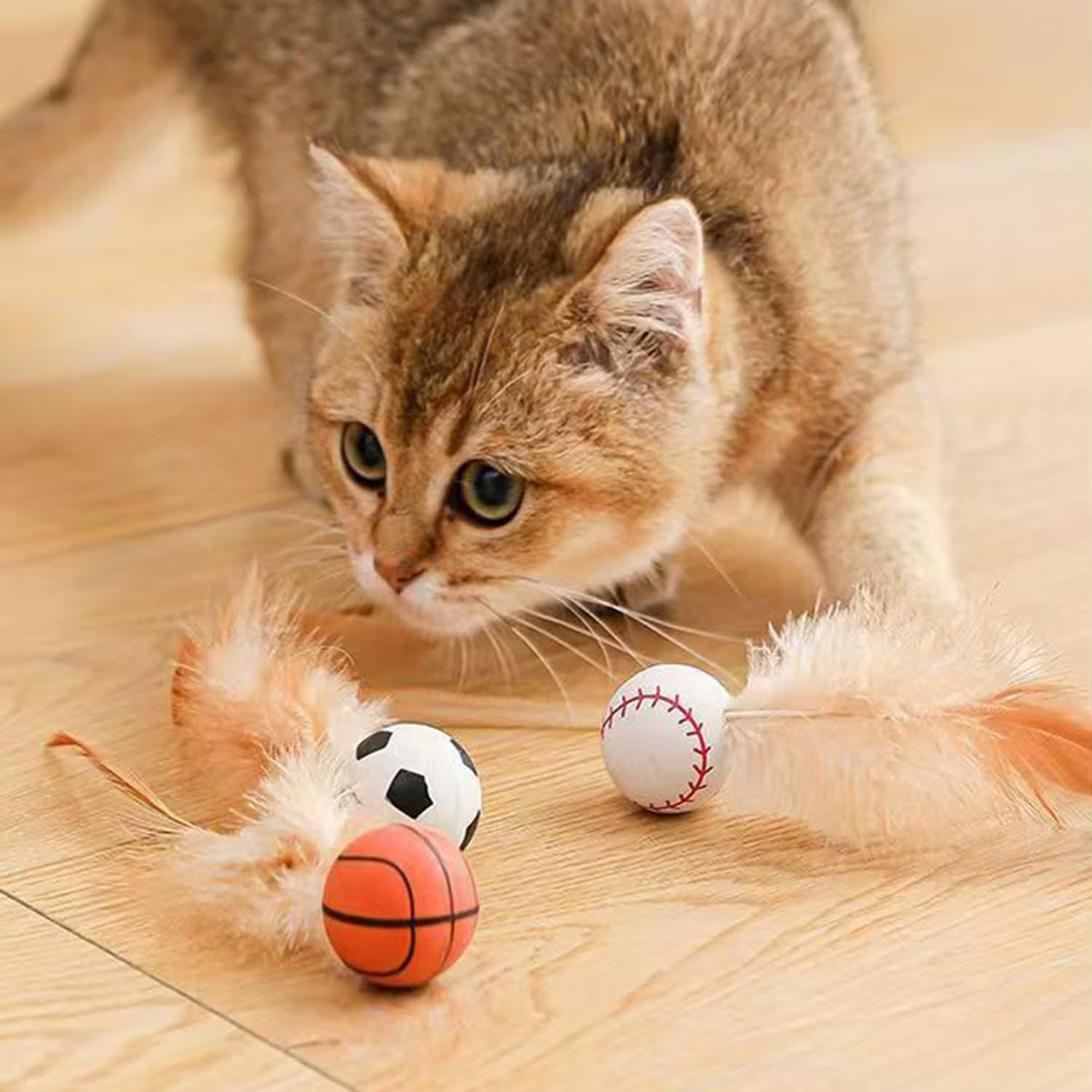 9PCS Cat Bouncy Ball with Feather,Cat Feather Toys, Feathered Bouncing Cat Balls, Rubber High Rebound Nteractive Cat Toy Ball, Bouncy Tails Cat Toys for Indoor Outdoor Cats Pet image number 1