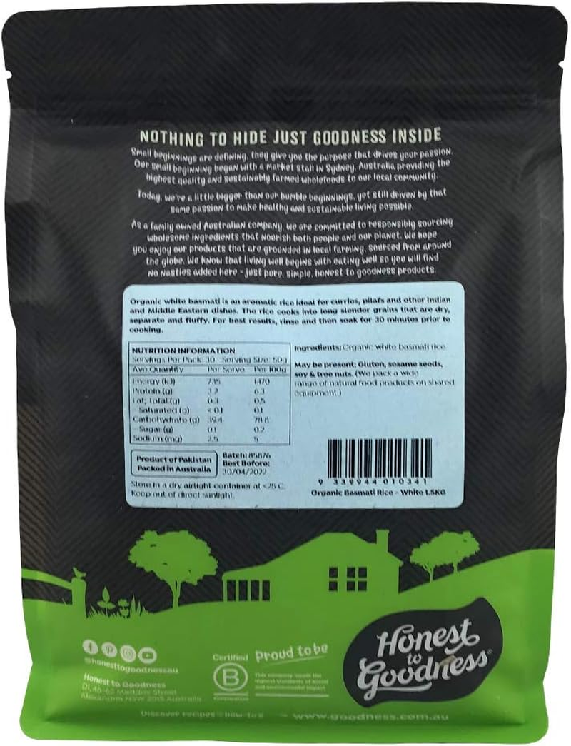 Honest to Goodness, Organic Basmati Rice, White, 1.5 Kg - Known for Its Long-Grain Structure and Distinct Aroma. Experience the Culinary Versatility. image number 4