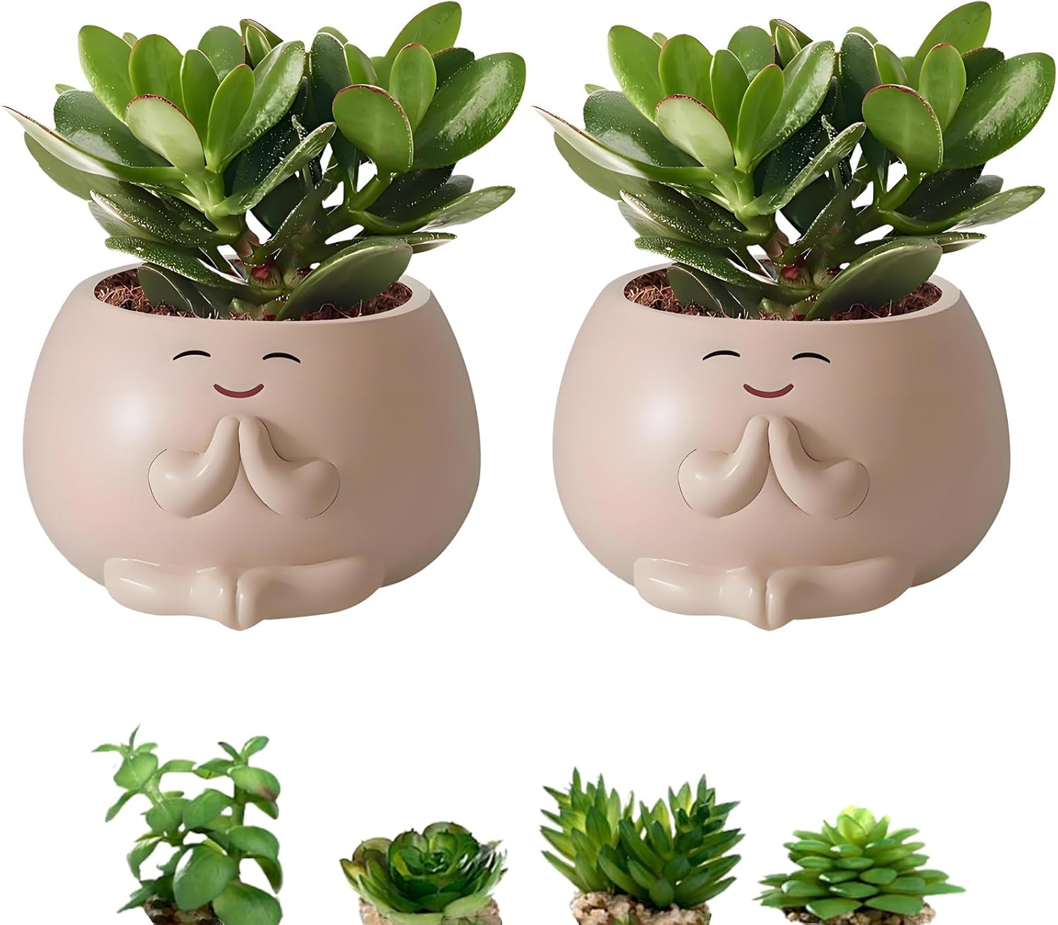 2Pcs Smiley Face Planter Pot, FHDUSRYO Cute Resin Flower Head Planters for Indoor Outdoor, Unique Sit Succulent Pots with Drainage Hole for Mothers Day, Teacher, Plant Lovers (Smily, 10.5X6.5Cm) image number 4