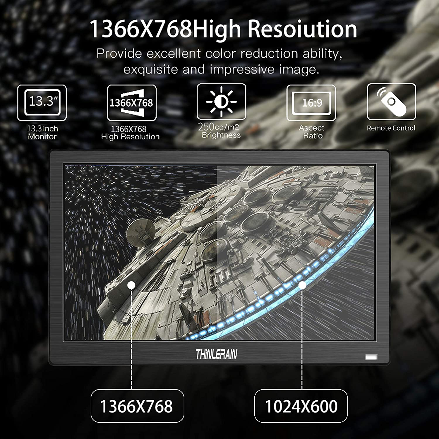 13.3 Inch Small PC Monitor Mini Monitor HDMI Monitor 1366X768 LED Monitor Support HDMI VGA AV BNC USB Intput, for Firestick, Computer, Kitchen Monitor, Built-In Speaker image number 5