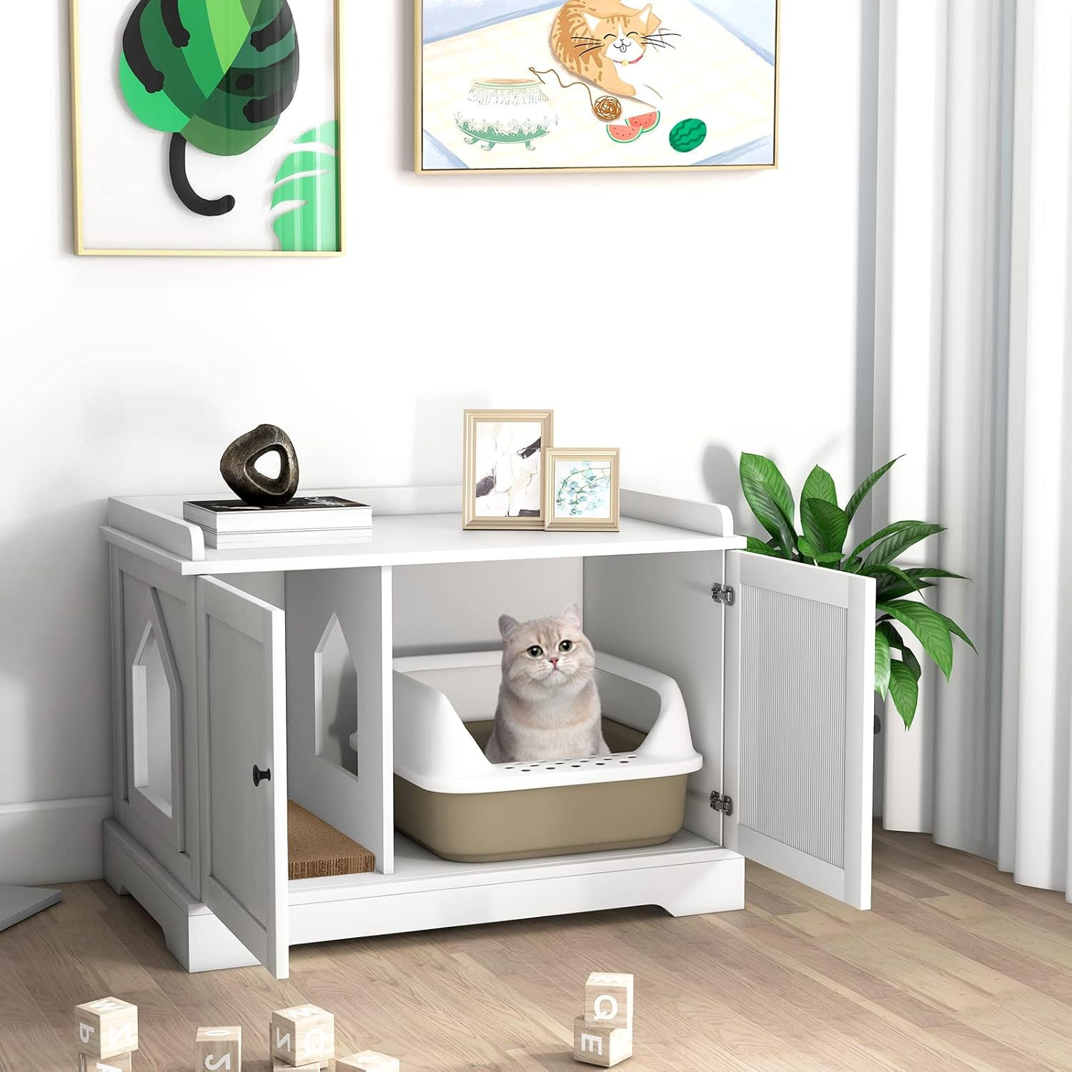 Costway Cat Litter Box Enclosure W/Scratching Pad, Adjustable Divider, Hidden Kitty Washroom, Indoor Pet House End Table Nightstand, Decorative Box Cabinet Storage Bench for Kitten & Large Cat image number 5