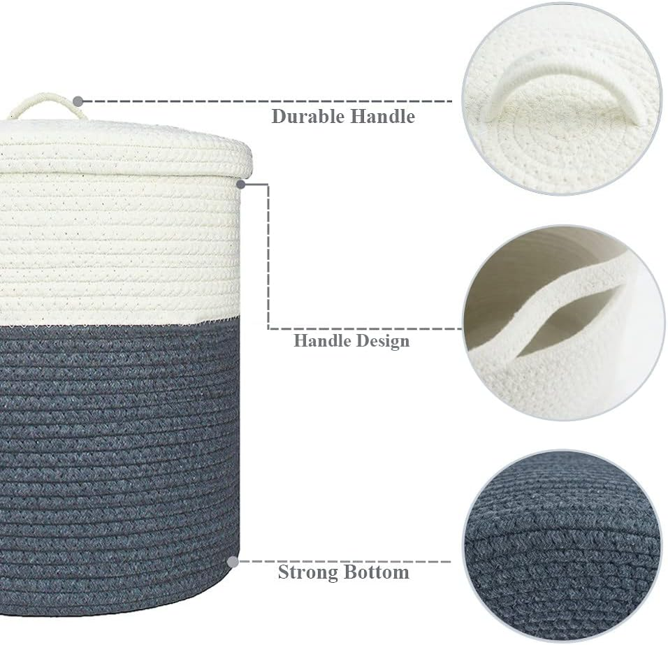 Yimi'S Dream Storage Basket with Lid, Cotton Rope Woven Storage Basket, Small Storage Bins, Nursery Organizers and Storage, Baby Toy Laundry Basket (White & Grey, 12D X 13.5H Inches) - Whiteblacksuture - With Lid(1 Pack) image number 7