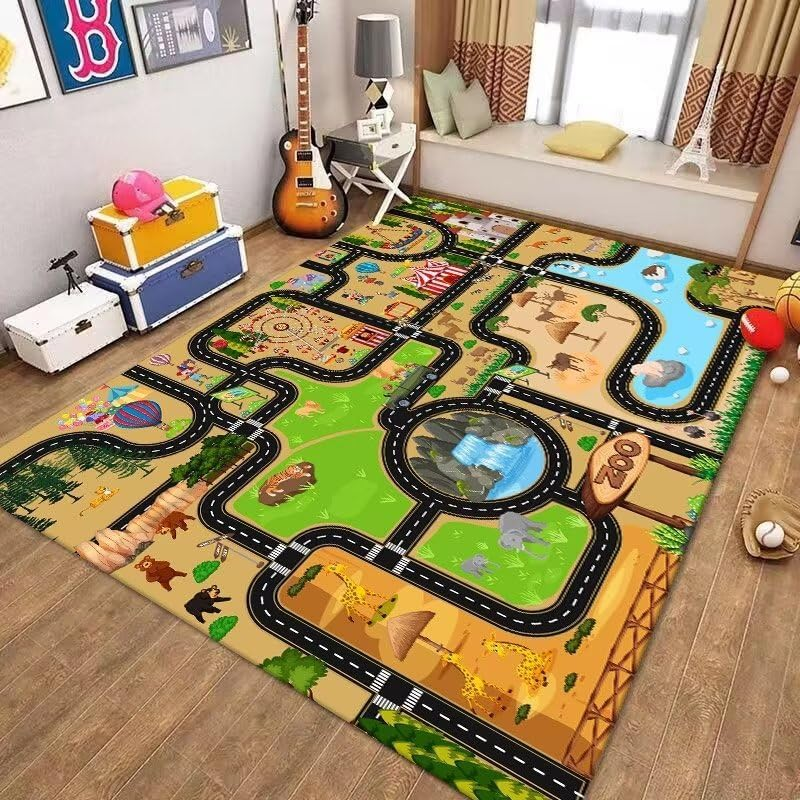 Kids Play Rug Carpet Town City Industrial Farm Road Car Mat 160X120Cm Kids Playmat Exercise Mat Learning Educational Area Rug for Children Boy Girl Kids Toddler Bedroom Playroom (Style C, 120X160Cm) image number 2