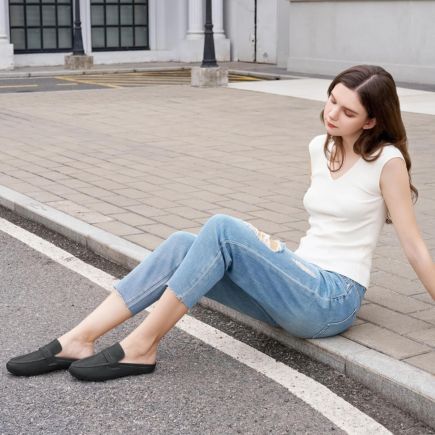 HARENCE Mules for Women Flats Shoes: Comfortable Dressy round Toe Backless Mule Slides Casual Walking Slip on Work Loafers image number 5