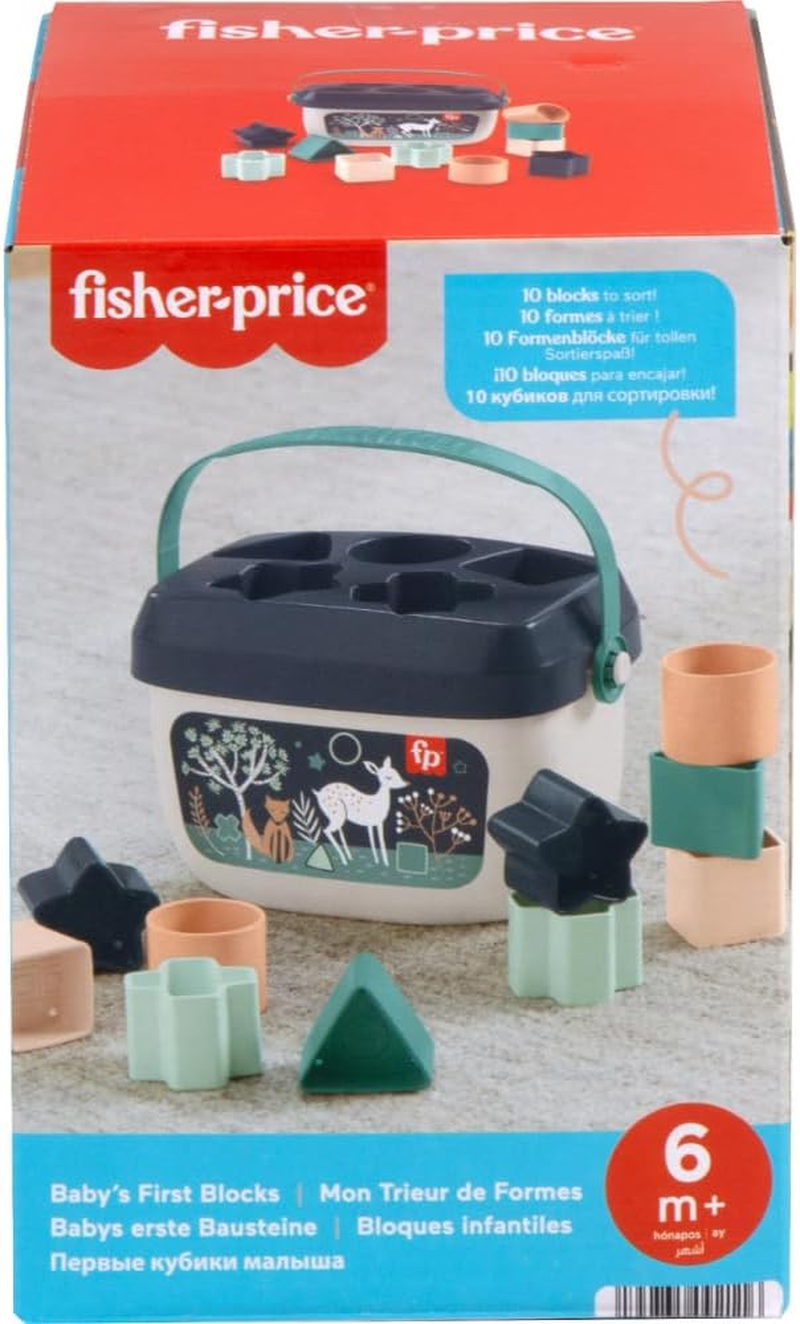 Fisher-Price Stacking Toy Baby&rsquo;S First Blocks Set of 10 Shapes for Sorting Play for Infants Ages 6+ Months, Navy Fawn, HJP20