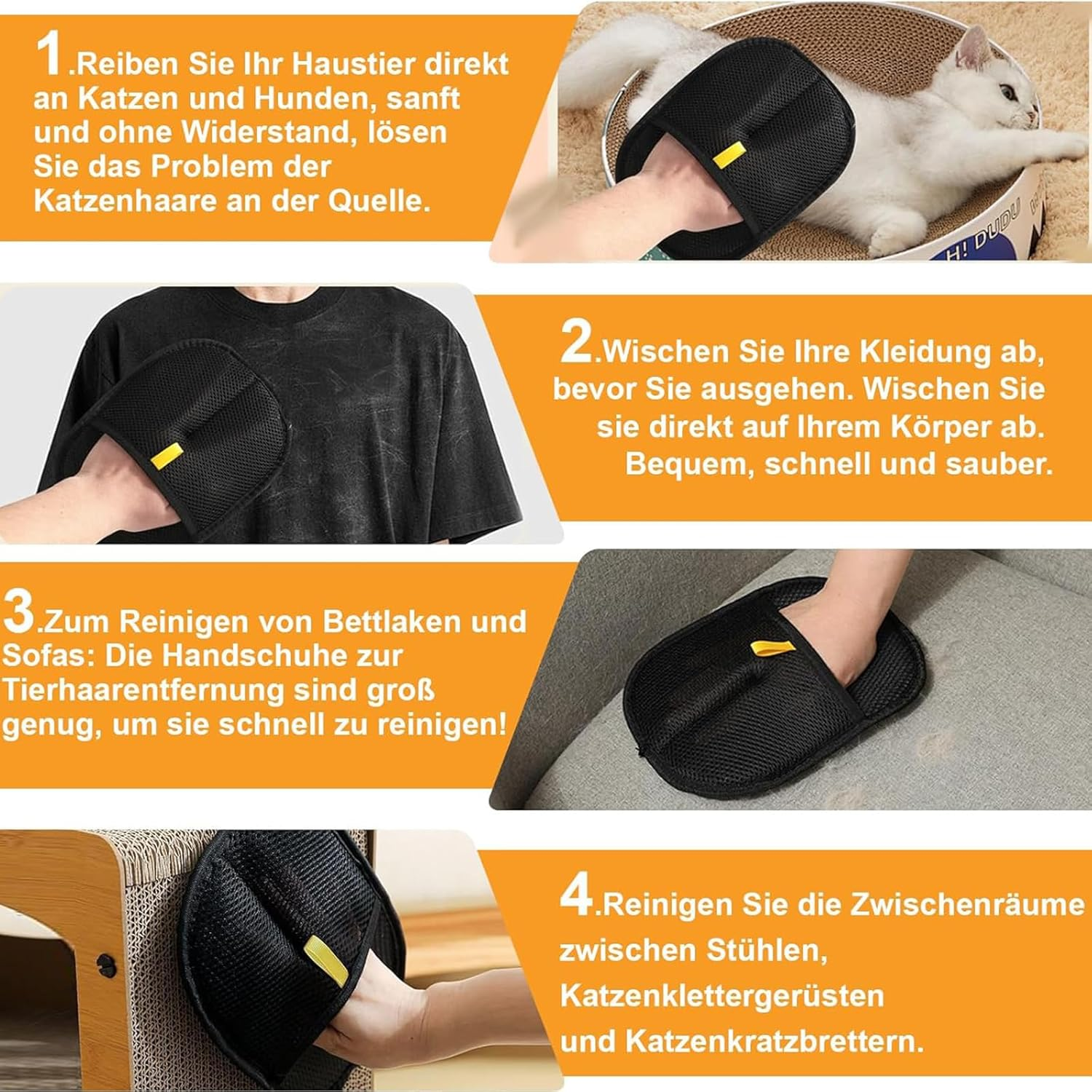 Pack of 3 Pet Hair Remover Gloves, Self-Cleaning Flea Comb for Pets, Electrostatic Pet Hair Removal Gloves, Grooming Gloves for Dogs, Cats, for Sofas, Bedding, Carpet