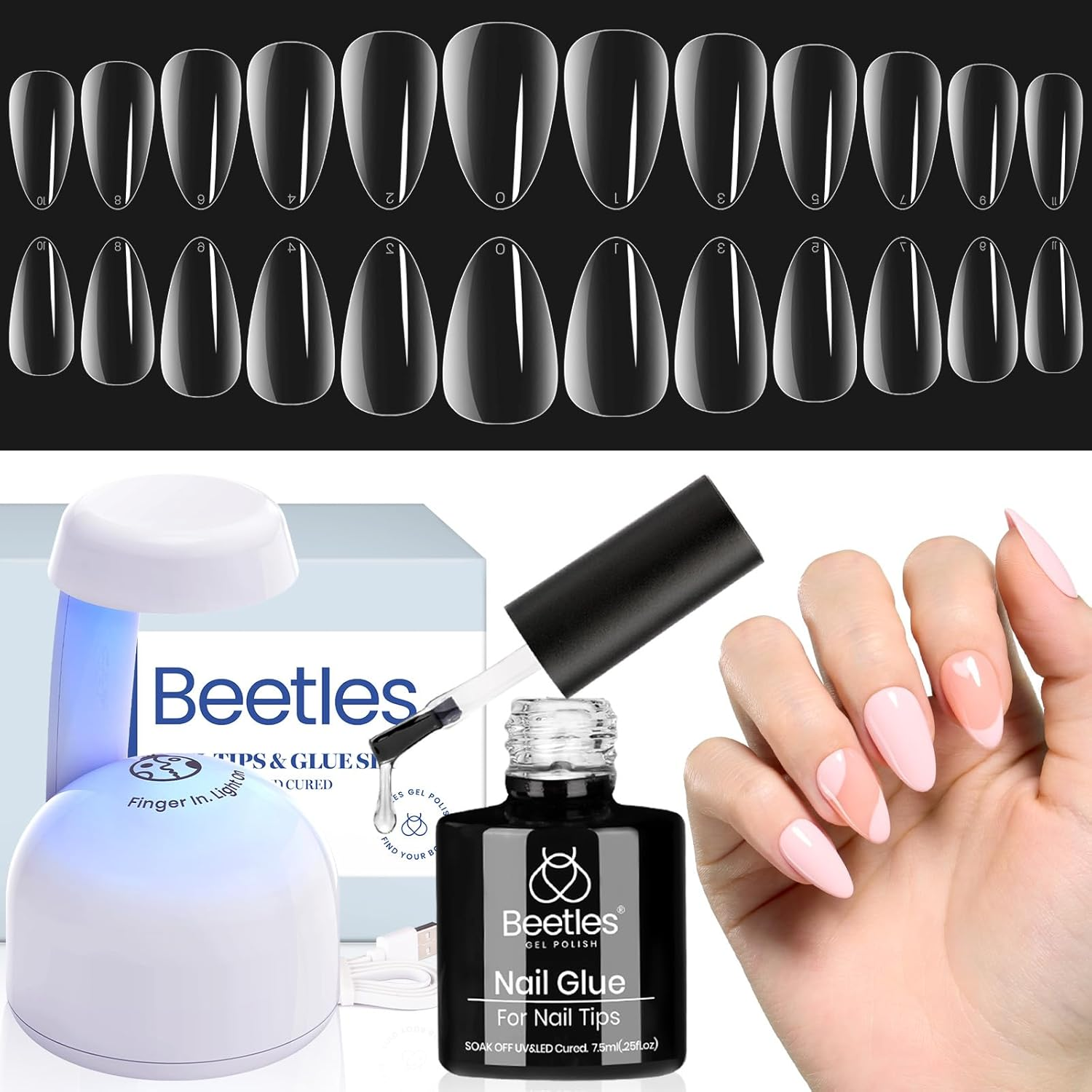 Beetles Gel Nail Kit Almond-500Pcs Gel Nail Kit Easy Nail Extension Set Short Almond Shape 5 in 1 Nail Glue Gel Extension Nail Kit Uv Led Lamp Acrylic False Nail Tips Kit DIY Nails Art for Women image number 4