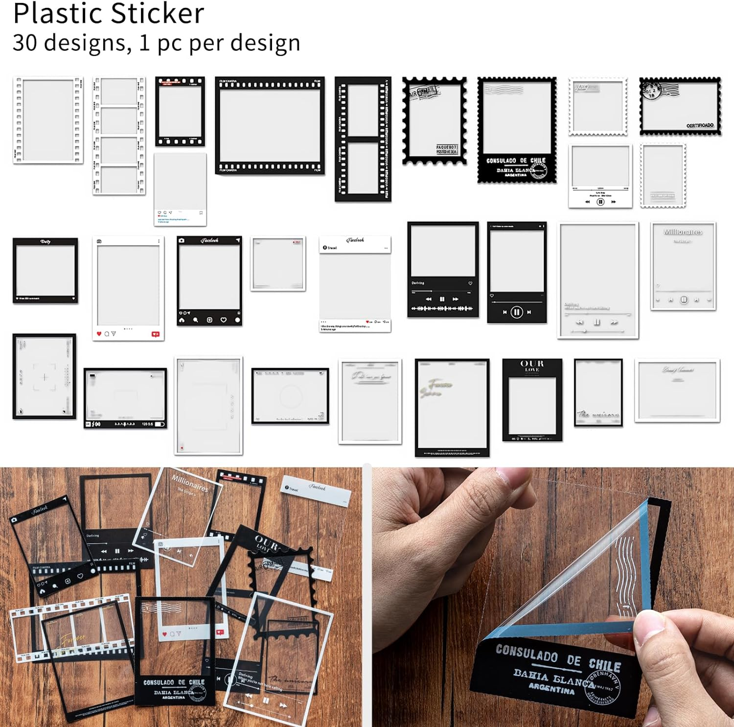 3 Packs Vintage Filmstrip Sticker Paperboard Cutouts Stamp Sticker Poster Sticker Collage Paper Frame Border Black White Scrapbooking Supplies for Crafting Card Making Journaling Photo Album (Episode) image number 2