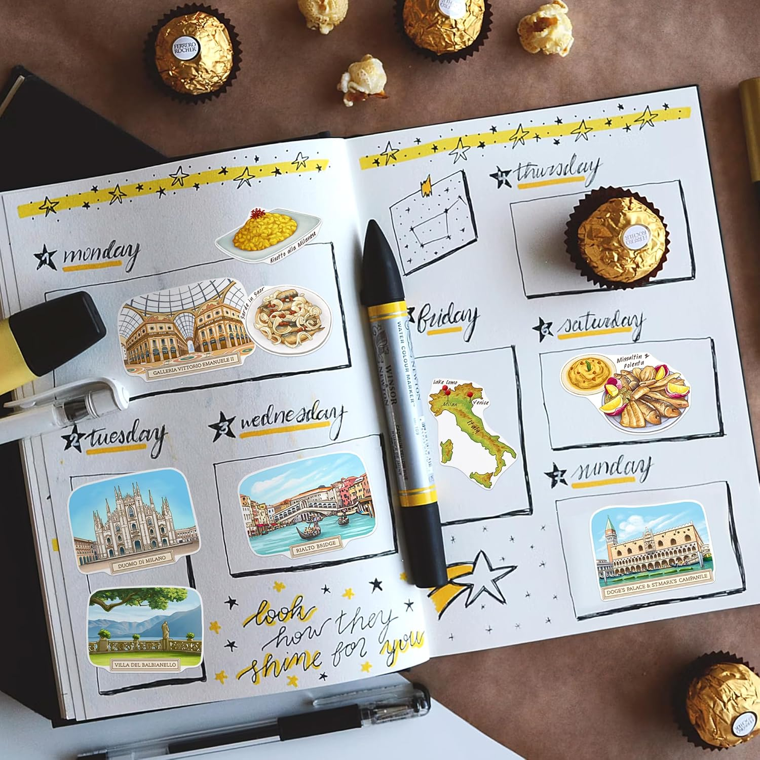 Navy Peony Northern Italy Travel Stickers (28Pcs) - Gouache Style, Waterproof, Milan Venice-Themed Vacation Decals for Scrapbooks, Waterbottle image number 2