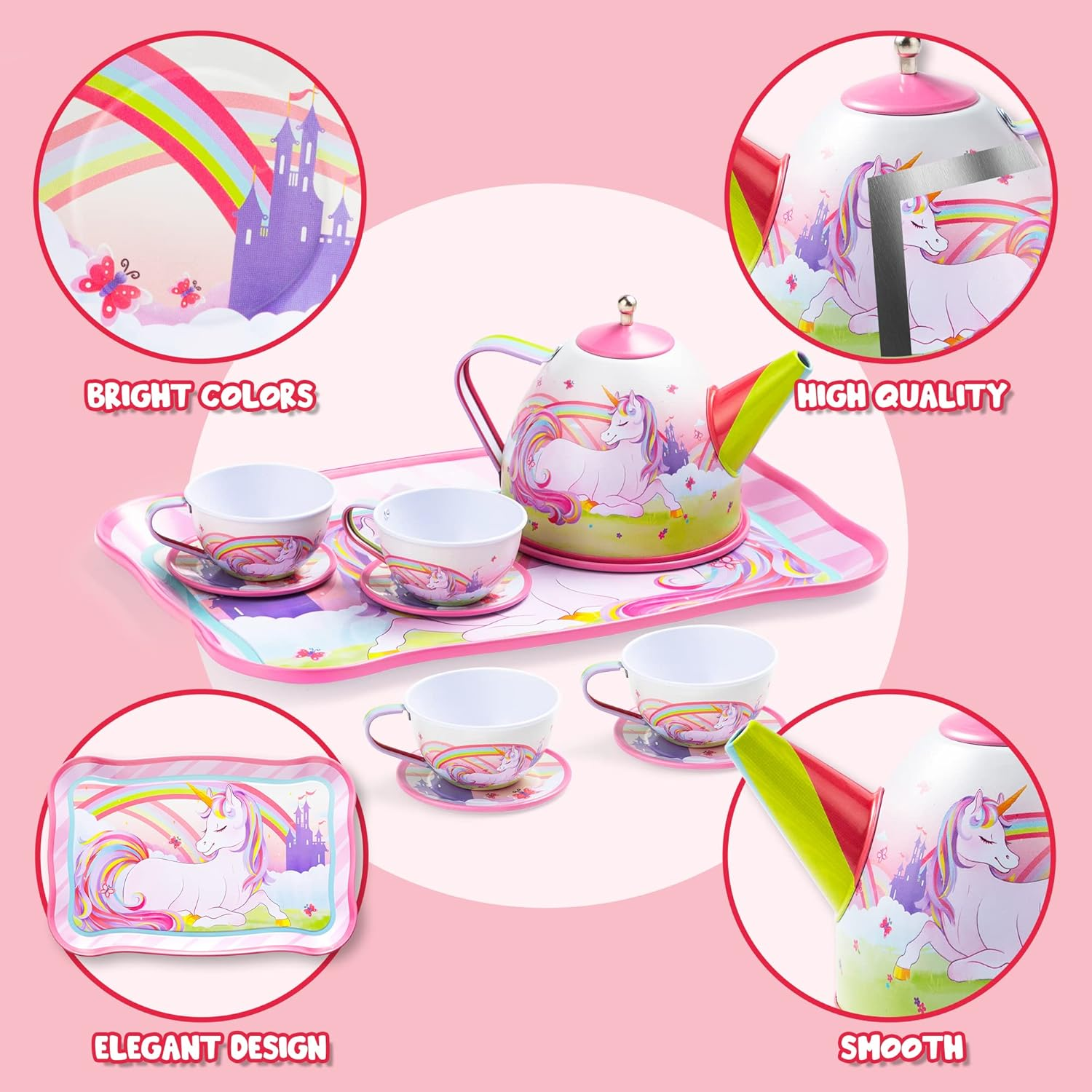 JOYIN Unicorn Castle Pretend Tin Teapot Set for Tea Party and Kids Kitchen Pretend Play image number 5