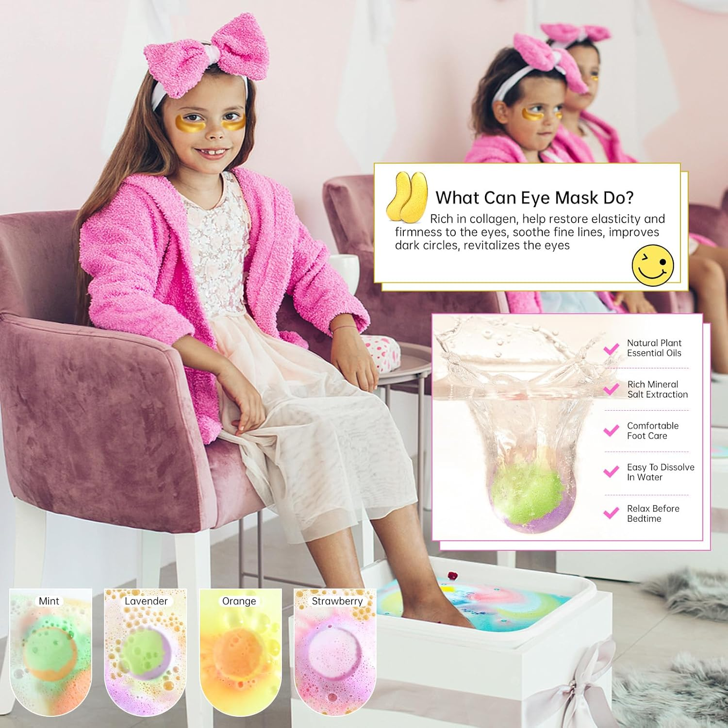 Spa Party Supplies for Girls, 28PCS Spa Birthday Party Favors for 4 People, Spa Day Kit with Bath Bombs, Eye Mask, Lip Balm, Face Mask, Hand Cream, Compressed Towel, Gift Bag, Sleepover Spa Gift Set image number 2