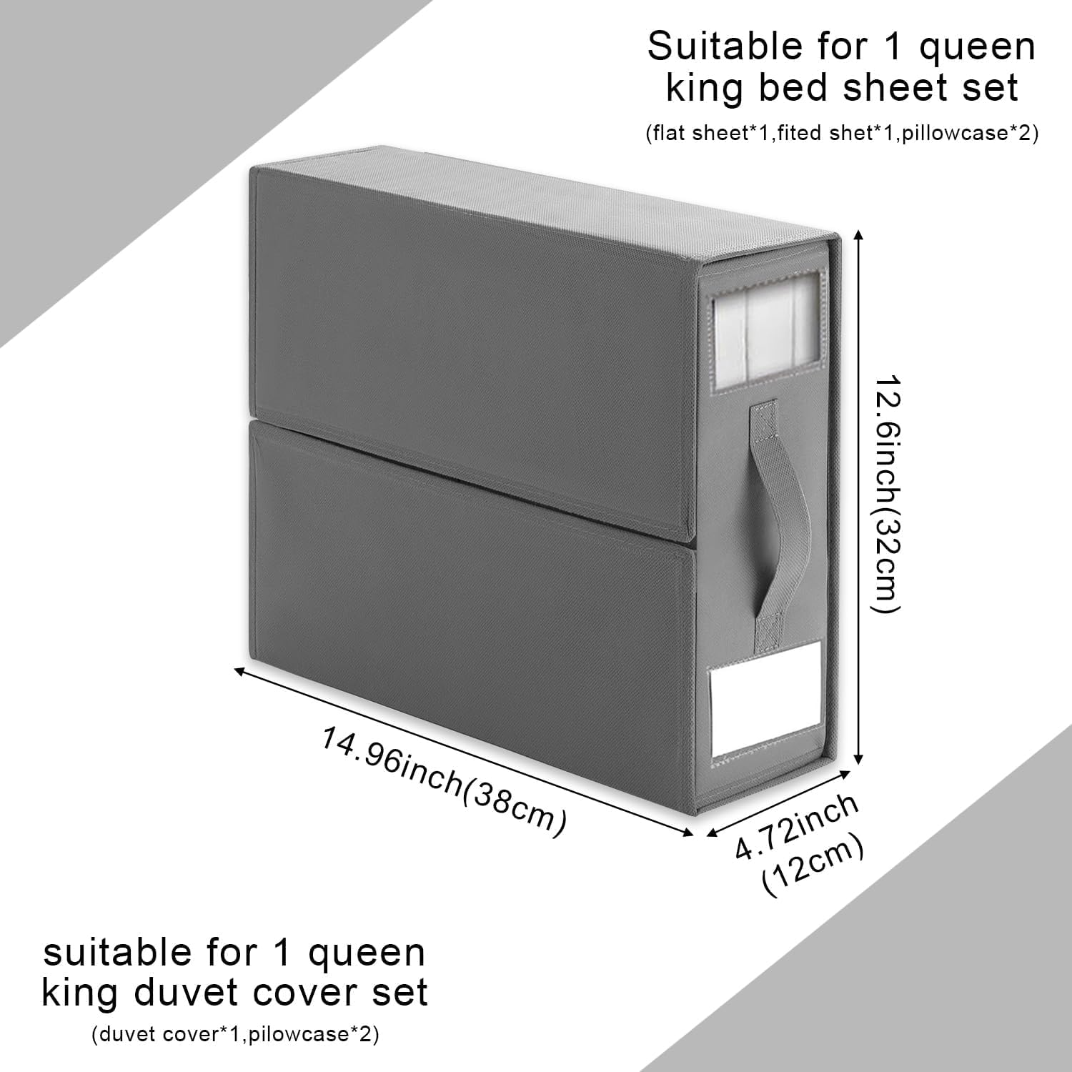 BDZBREN Bed Sheet Organiser and Storage, Foldable Bedsheet Organizer for Linen Closet, Sheet Set Organiser with Window XL (Queen & King Size) Organizing Bedding Container Box (4 PACK, Grey)