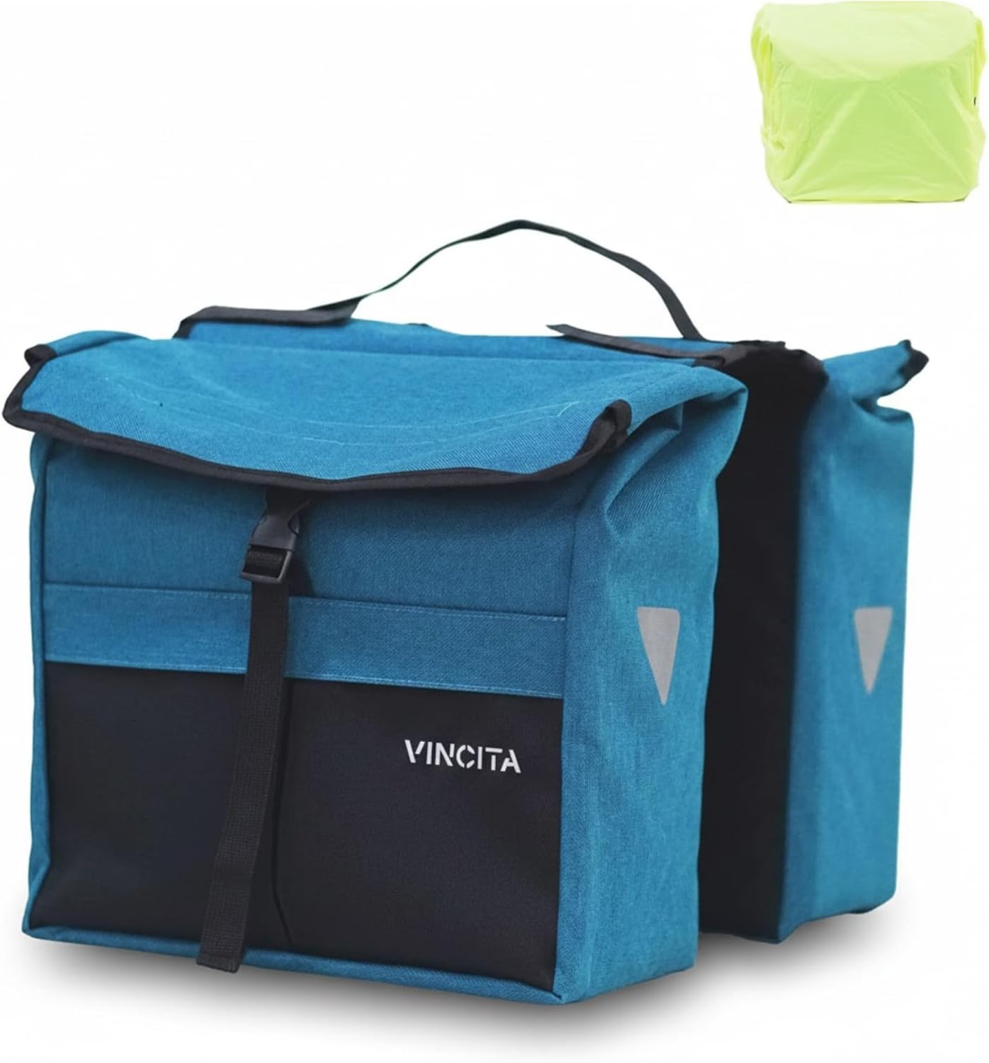 Vincita New Top Load Double Pannier Water Resistant Cycling Side Bags - with Rain Cover, Large, Carrying Handle, Reflective Spots - Bike Rack Carrier Saddle Bag - Bicycle Accessories (Black/Turquoise) image number 5