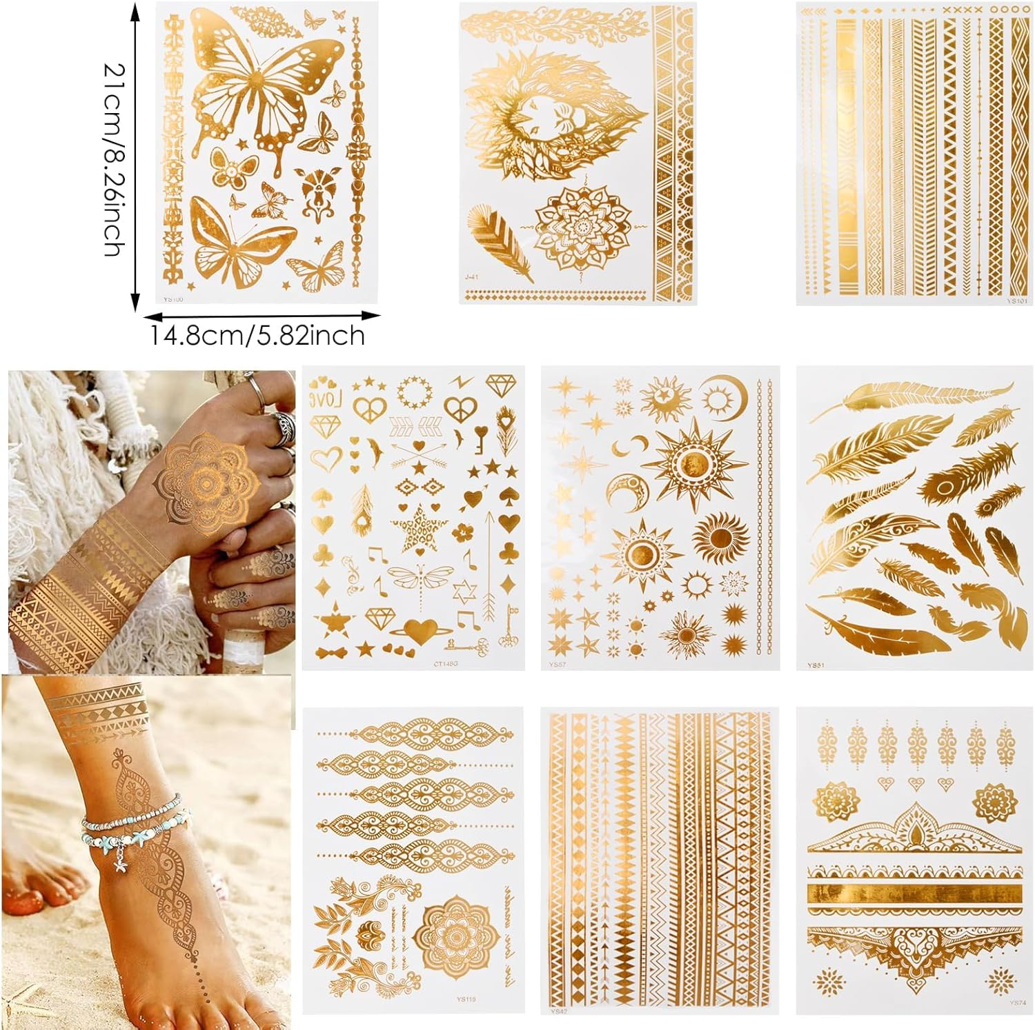 9 Sheets Gold Temporary Tattoos Flash for Women, Metallic Festival Tattoos, Body Art Sticker, Waterproof Armbands Tattoo, Moon Star Butterfly Glitter Tattoos Fake That Look Real and Last Long image number 3