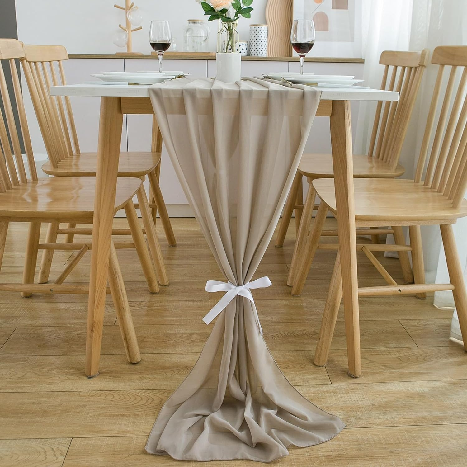 CHUQING Table Runner Wedding Tablecloth Romantic Sheer Table Runners for Bridal Shower Birthday Party Boho Table Decoration, 27X120 Inches,Light Brown - Black-22 image number 3