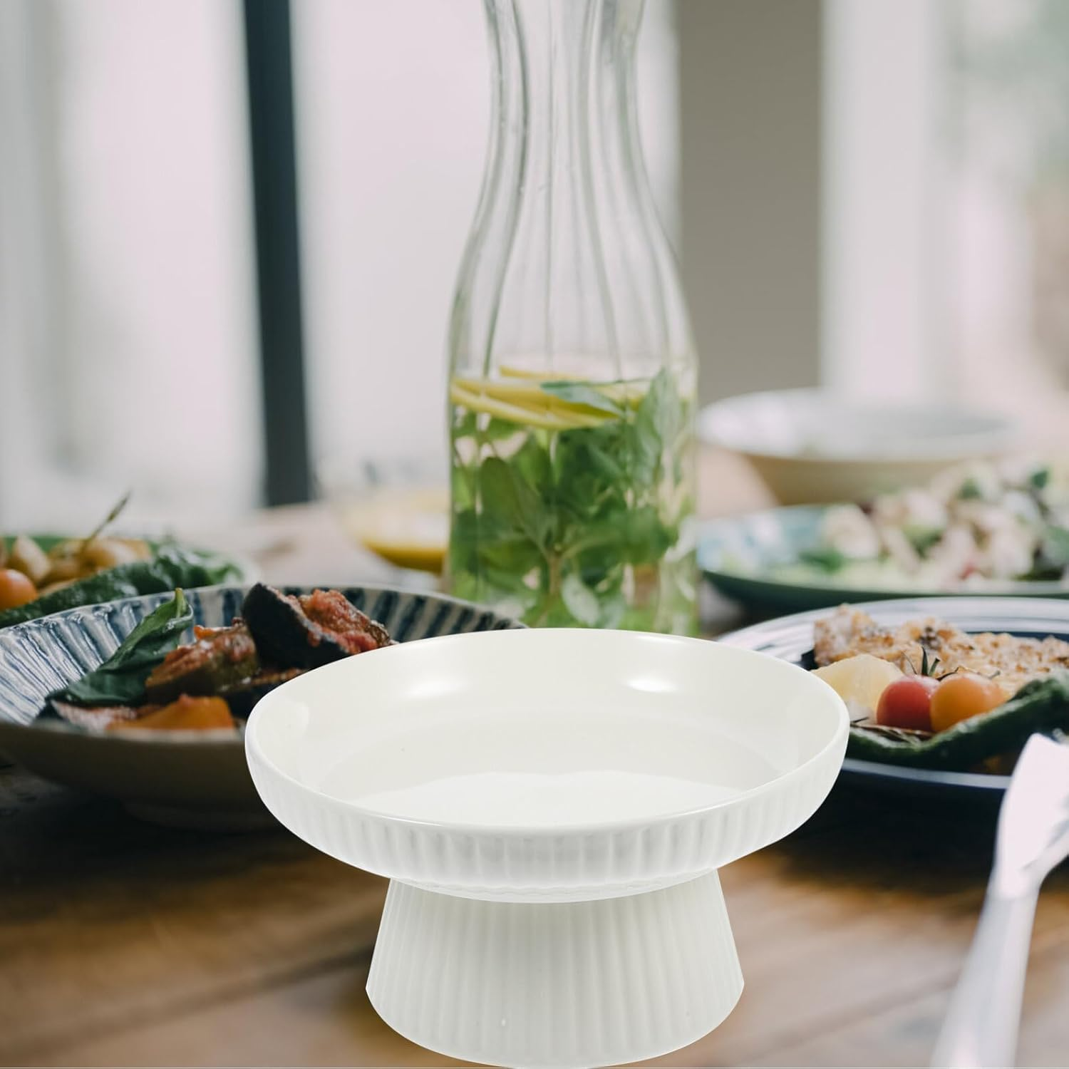 1PC White Ceramic Fruit Bowl for Kitchen Counter, Ceramic Footed Serving Bowl, Dessert Display Stand Food Snack Storage Tray for Home Kitchen image number 4