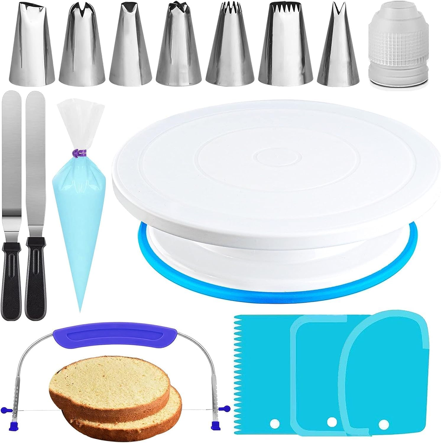 RFAQK 35Pcs Cake Turntable and Leveler-Rotating Cake Stand with Non Slip Pad-7 Icing Tips and 20 Bags- Straight & Offset Spatula-3 Sc Set -Ebook -Baking Tools