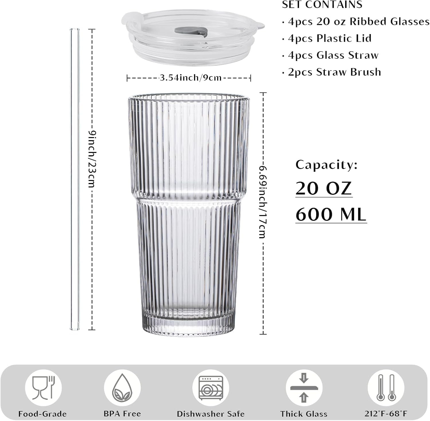 Sooyee 20 Oz Ribbed Glass Tumblers with Lids and Glass Straws &ndash; 4-Piece Glassware Set, Thickened Glass, Ideal for Iced Coffee, Smoothies, Cocktails, and Juices &ndash; Elegant and Durable Drinkware