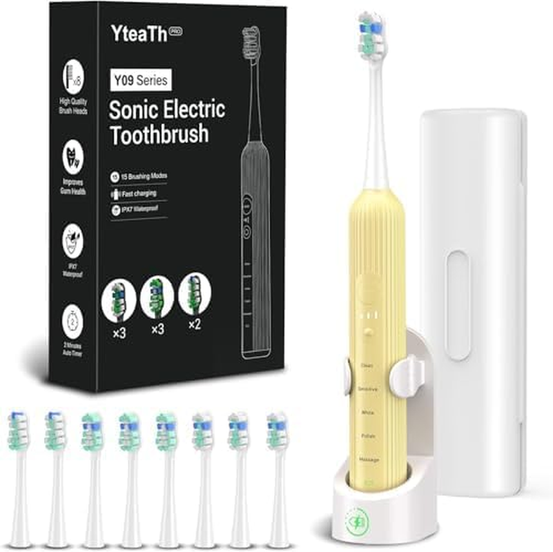 Electric Sonic Toothbrush for Adults & Children, 5 Cleaning Modes with 3 Intensity Levels, Timer, 8 Replacement Brush Heads & Travel Case, Rechargeable Sonic Toothbrush
