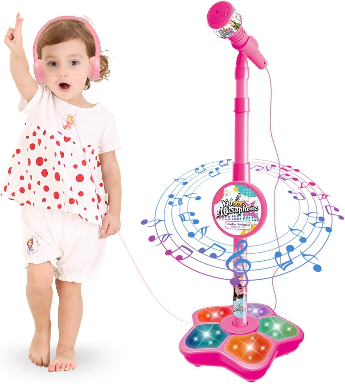 Kids Karaoke Machine with Adjustable Microphone Stand for Kids Standing Mic for Portable Singing Retractable Headset for Music & Sing-Along Flashing Stage Light Base for Aged 3-6 Boys Girls (Pink)