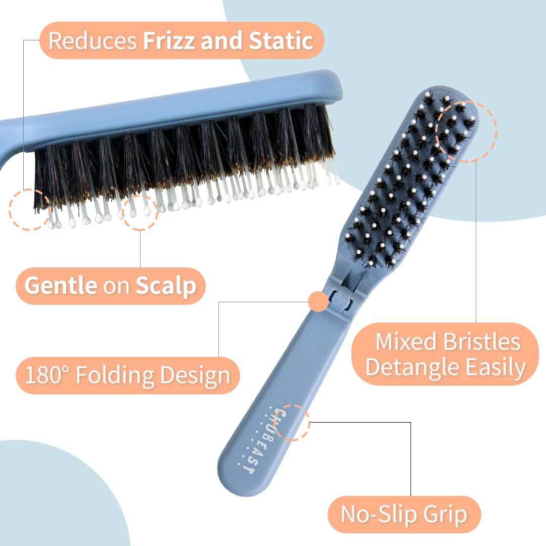 Uffy Minipop Travel Hair Brush &ndash; Mini Folding Boar Bristles for Women, Men & Kids | Kid-Friendly Portable Purse Brush for Wet & Dry Hair, Curly or Straight | Pocket-Size Detangler &ndash; Baby Blue image number 2
