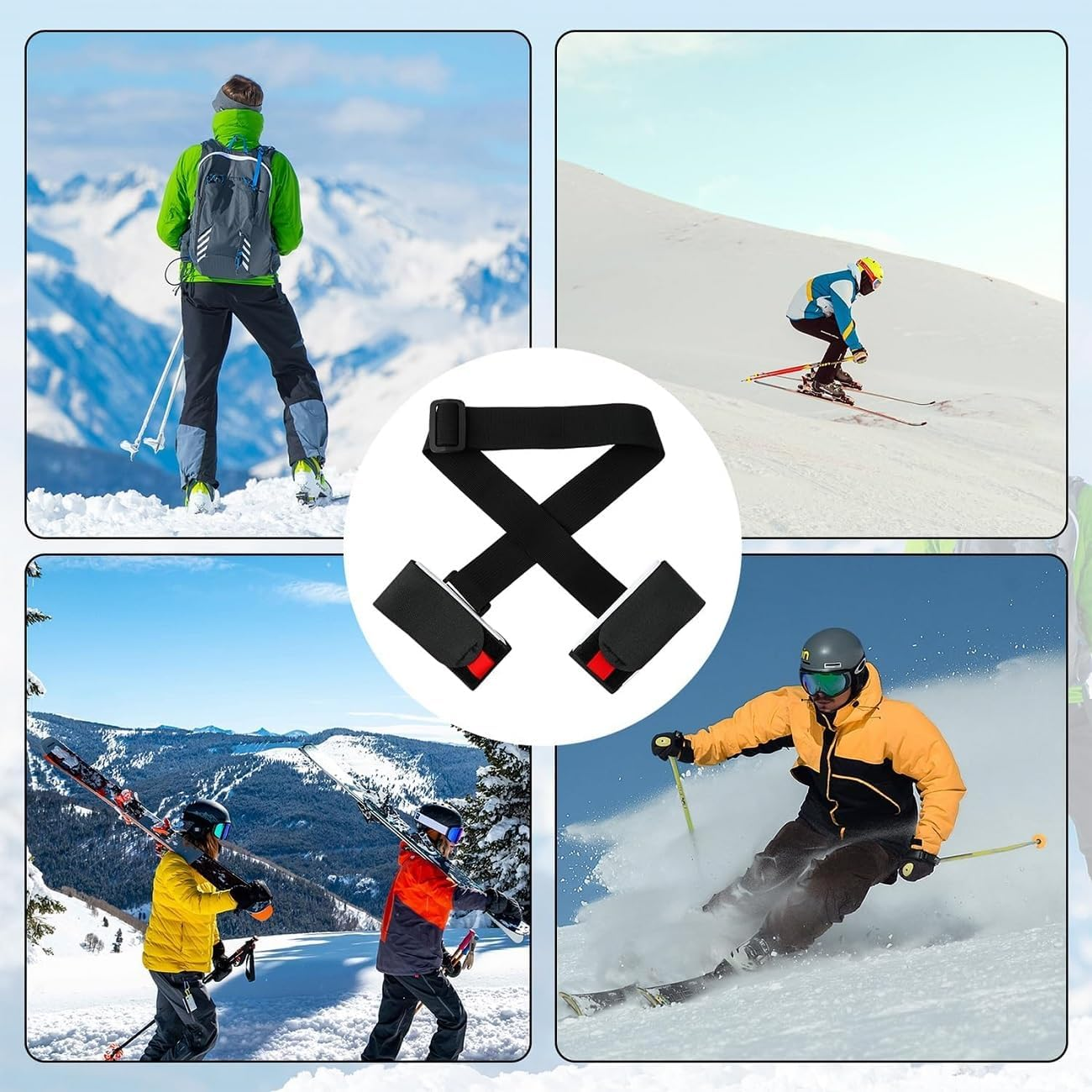 WADY 2 Pack Ski Carrier Strap & Pole Carrier, Adjustable Shoulder Strap with Cushioned Fastener Tape, Ergonomic Ski/Snowboard Lash Belt for Hands-Free Carrying (Black) image number 4