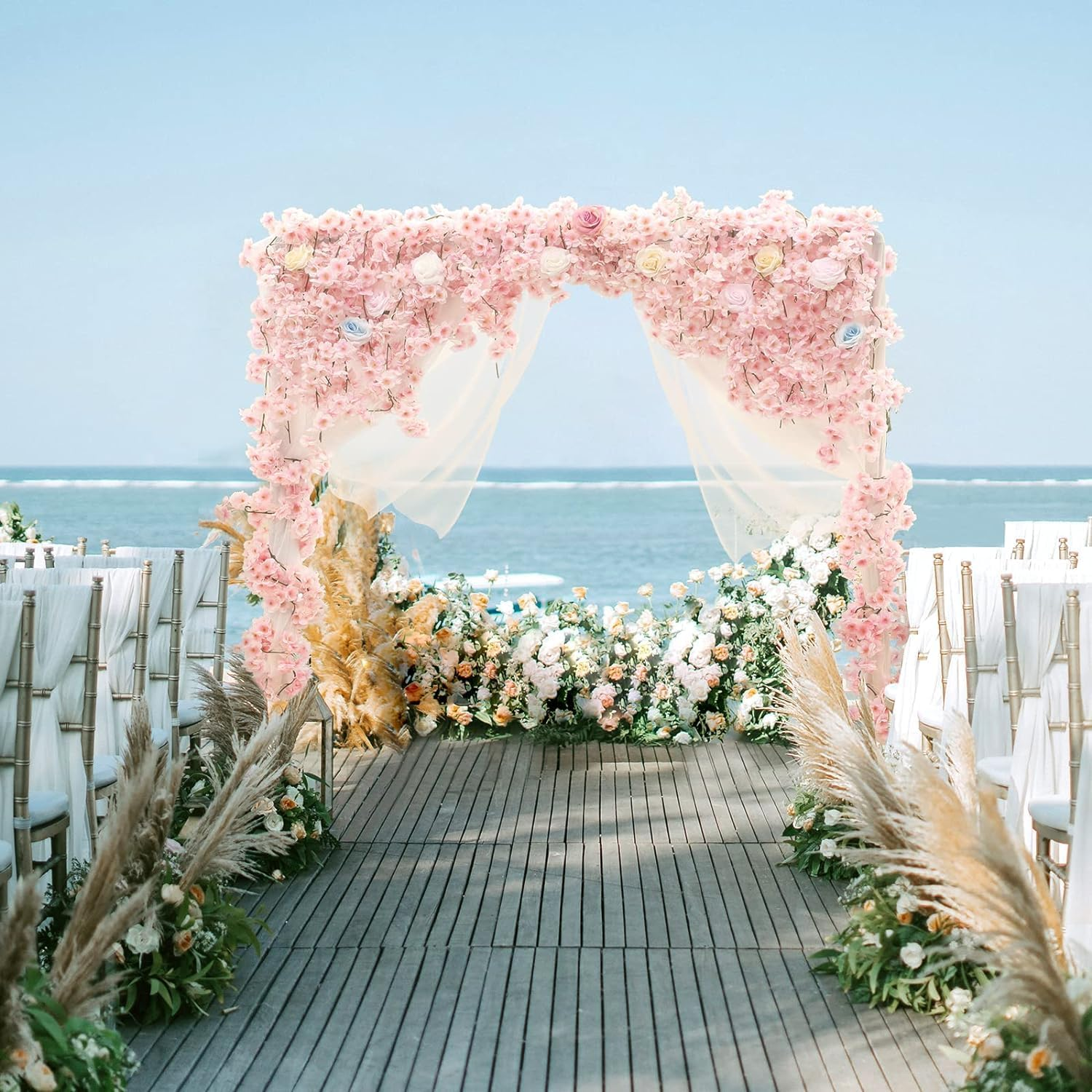 WOYAODONG 2Pcs Artificial Cherry Blossom Flower Vines Outdoor Hanging Garland for Wedding Party Decor,Pink image number 1