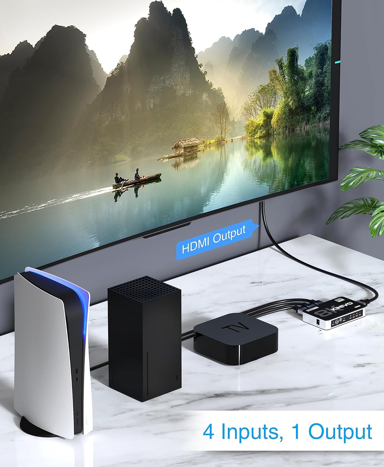 Kinivo 8K HDMI Switch with Remote 4 in 1 Out (4 Port, 8K 60Hz, 4K 120Hz HDMI Switcher, 48Gbps, HDR 10+, Dolby Atmos, HDCP 2.3) - HDMI 2.1 Switch Box Compatible with HDTV, PS5, PS4, Xbox, Apple TV image number 2
