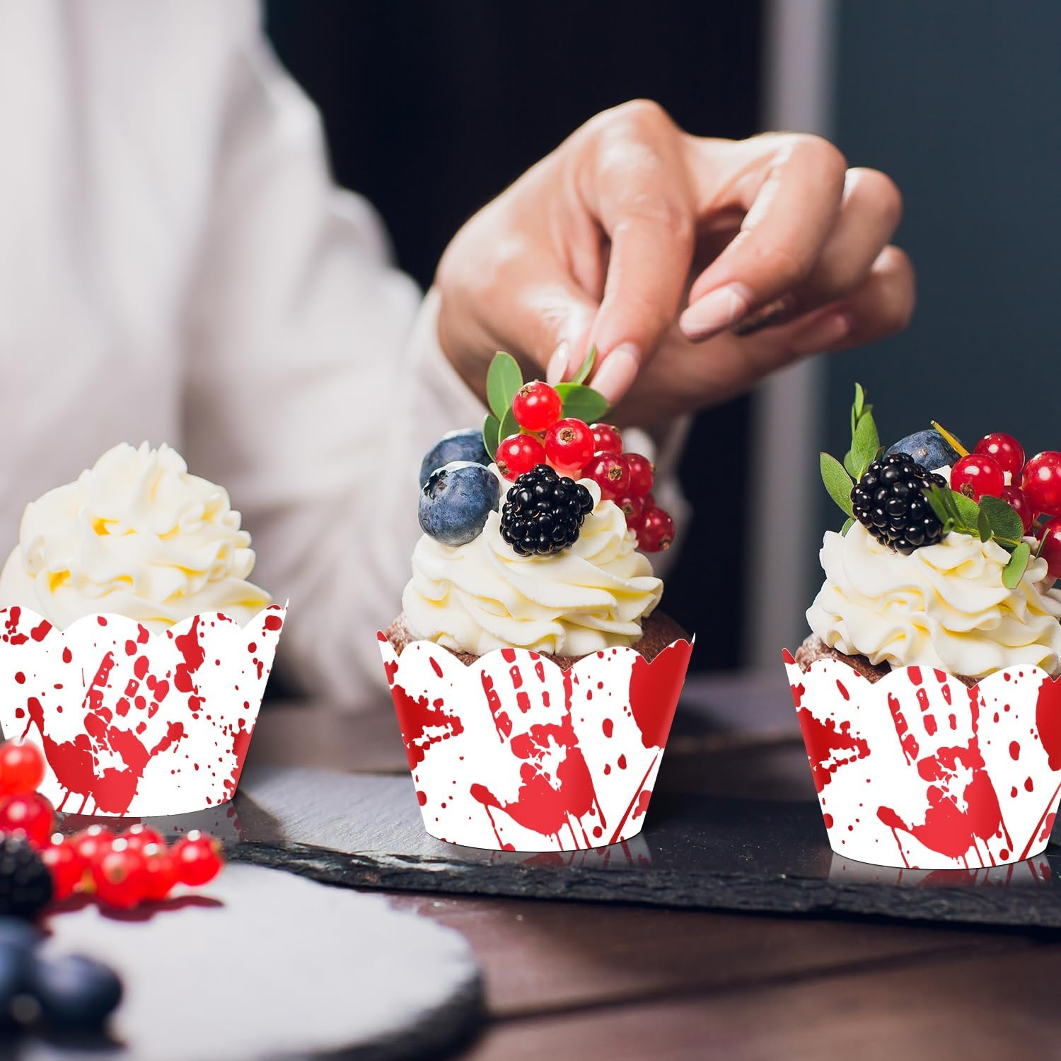 24Pcs Halloween Cupcake Wrapper Pick for Handprint Footprint Help Run Detective Fantasy Horror Scream Party Theme Decor Supplies Men Women Boys Girls Birthday Party Decoration image number 1