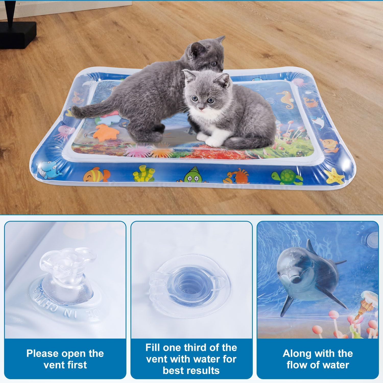 Gosknor Cat Water Play Mat, 25.59X19.69 Inch Kitty Sensory Water Mat Cool Comfort Pet Water Play Fun Water Sensory Bed Pad Toy for Dog Cat Pet Water Play Alone