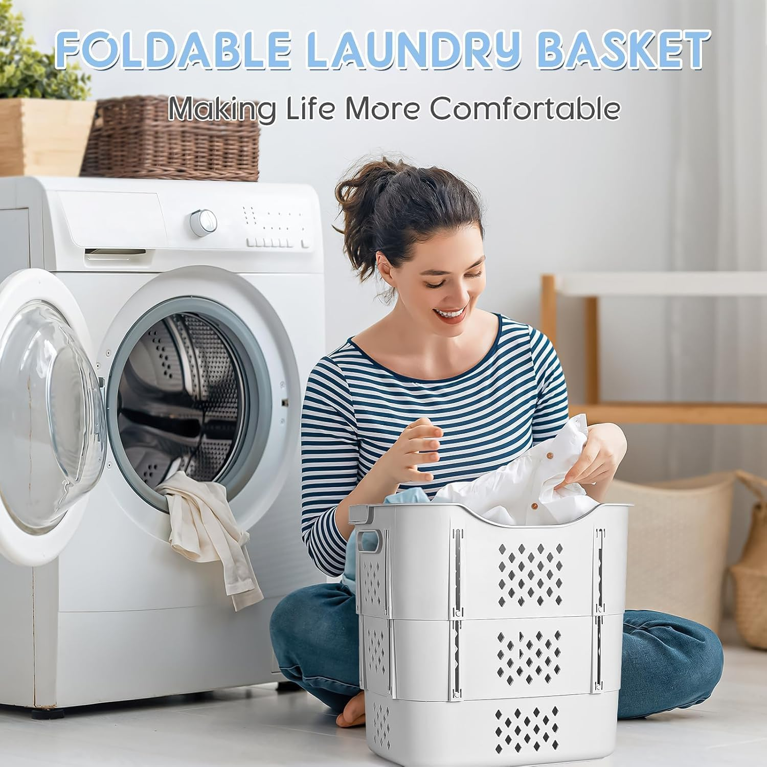 HAUNDRY Plastic Laundry Basket Set, Collapsible Storage Laundry Hamper - Foldable Pop up Laundry Basket for Washing & Storage 41L image number 1